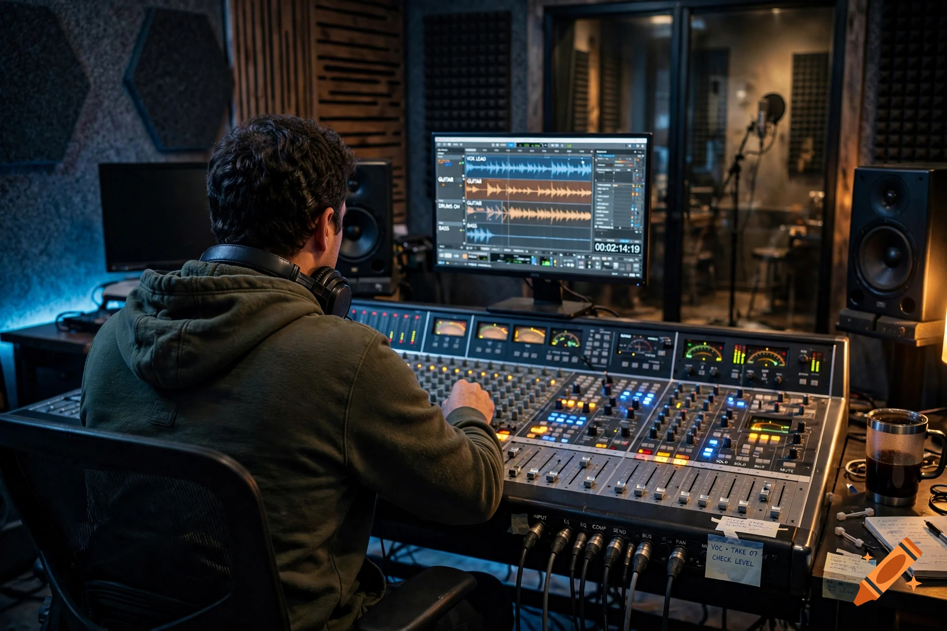 A man sitting at a mixing console in a recording studio, looking at a computer screen displaying audio tracks.