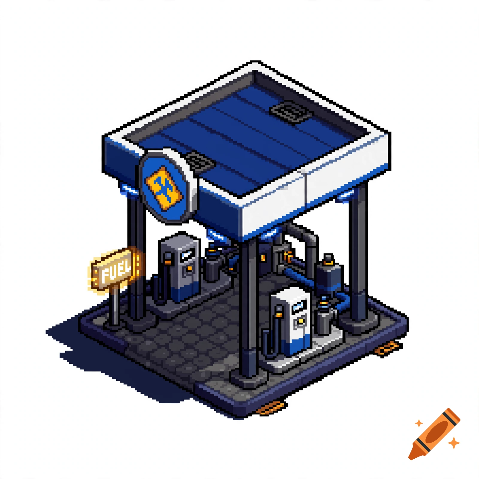 Isometric pixel art illustration of a blue and white fuel station with a 'FUEL' sign.