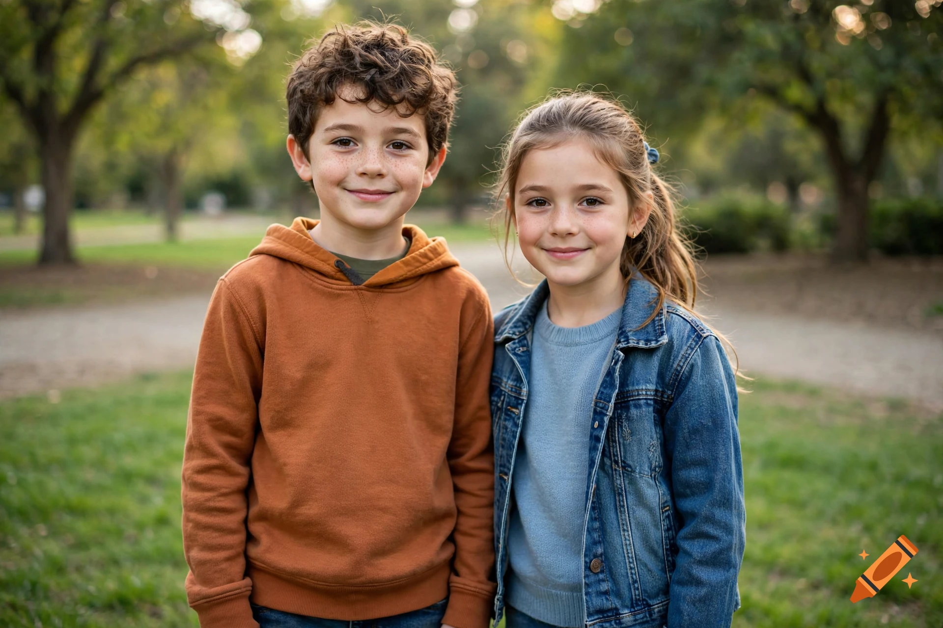 Photorealistic portrait of a young boy in an orange hoodie and a young girl in a denim jacket standing outside in a park.