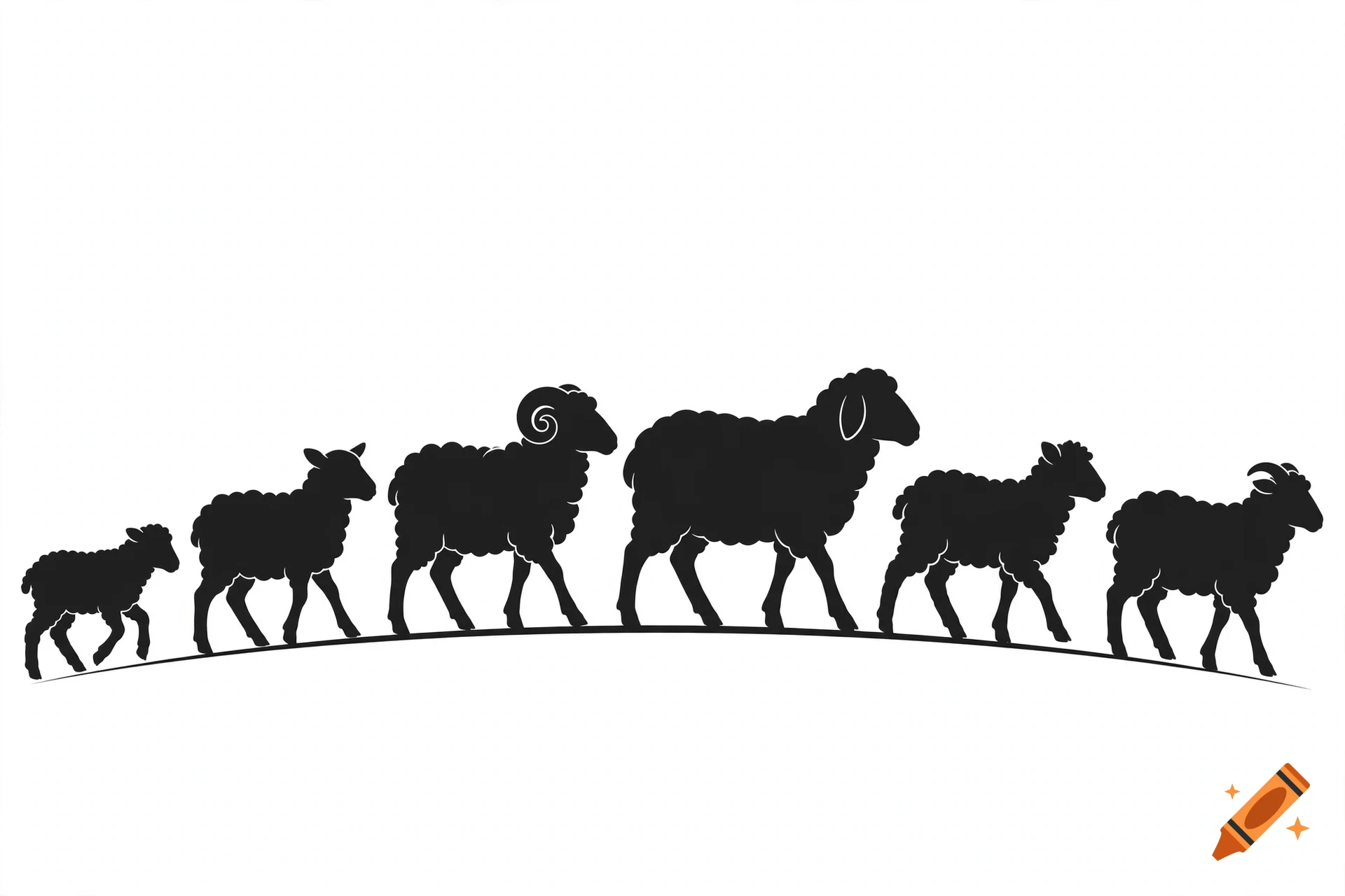 Black silhouette clip art of a row of sheep and a ram walking along a curved horizon on a white background.