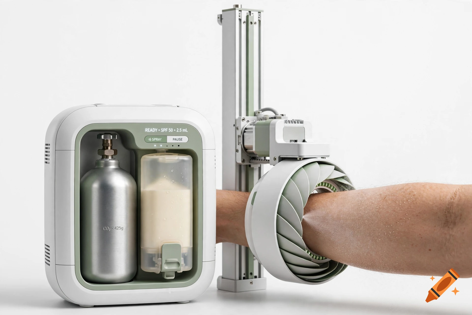Photorealistic commercial product photo of a home sunscreen-application device spraying a fine mist on a bare forearm.