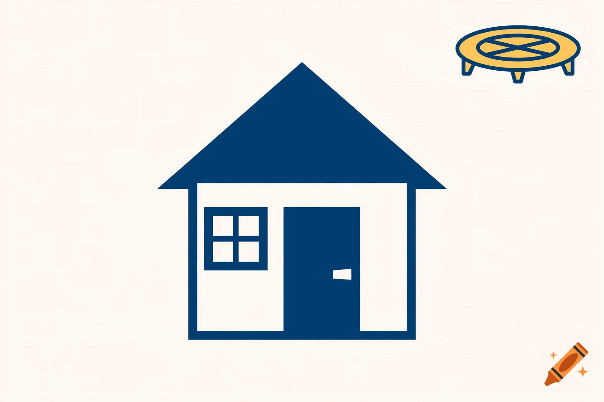 Pictogram of a blue house with a window and door, with a small trampoline icon in the top right corner.