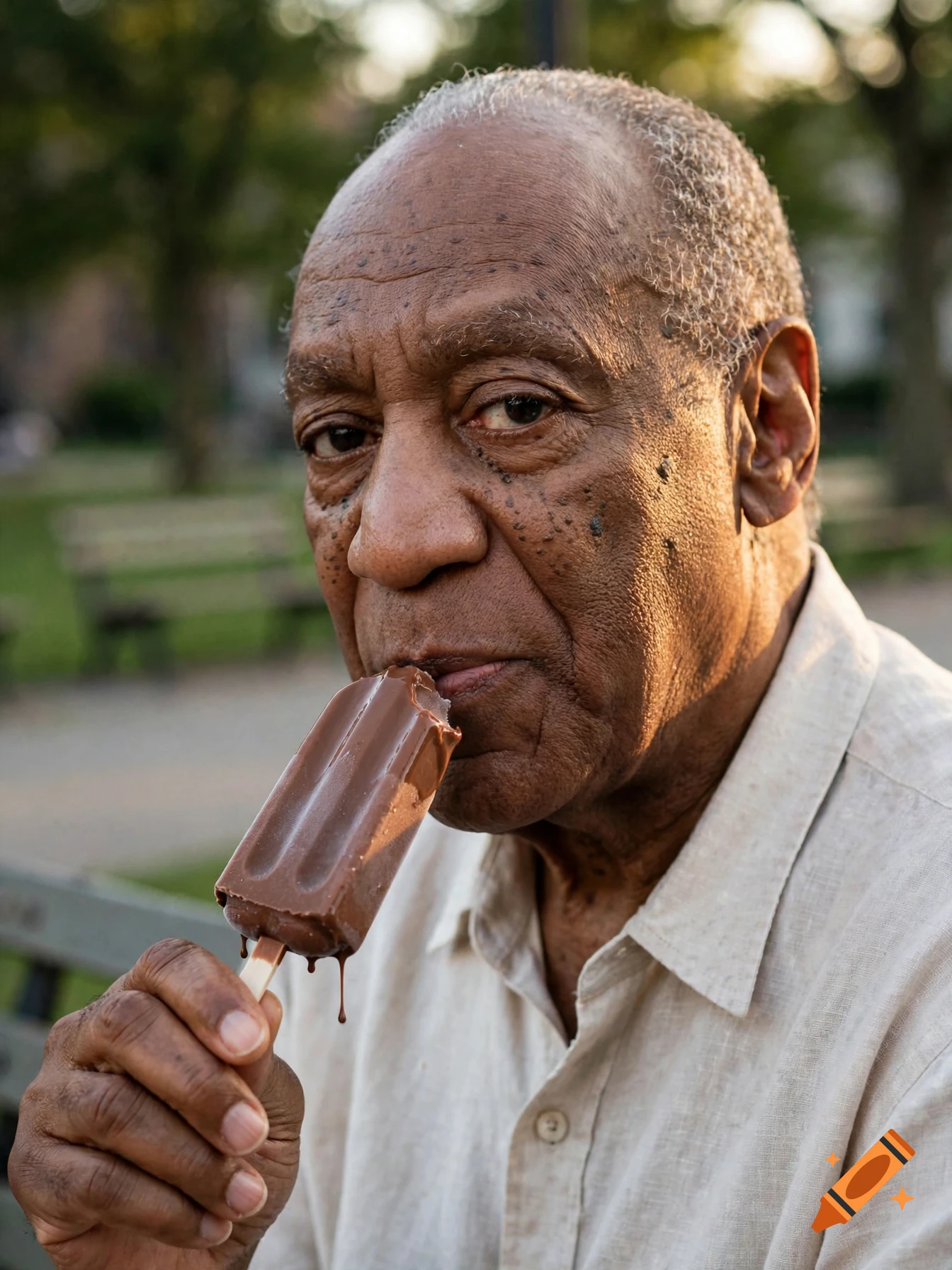 Photorealistic close-up portrait of an elderly man eating a chocolate popsicle outdoors.