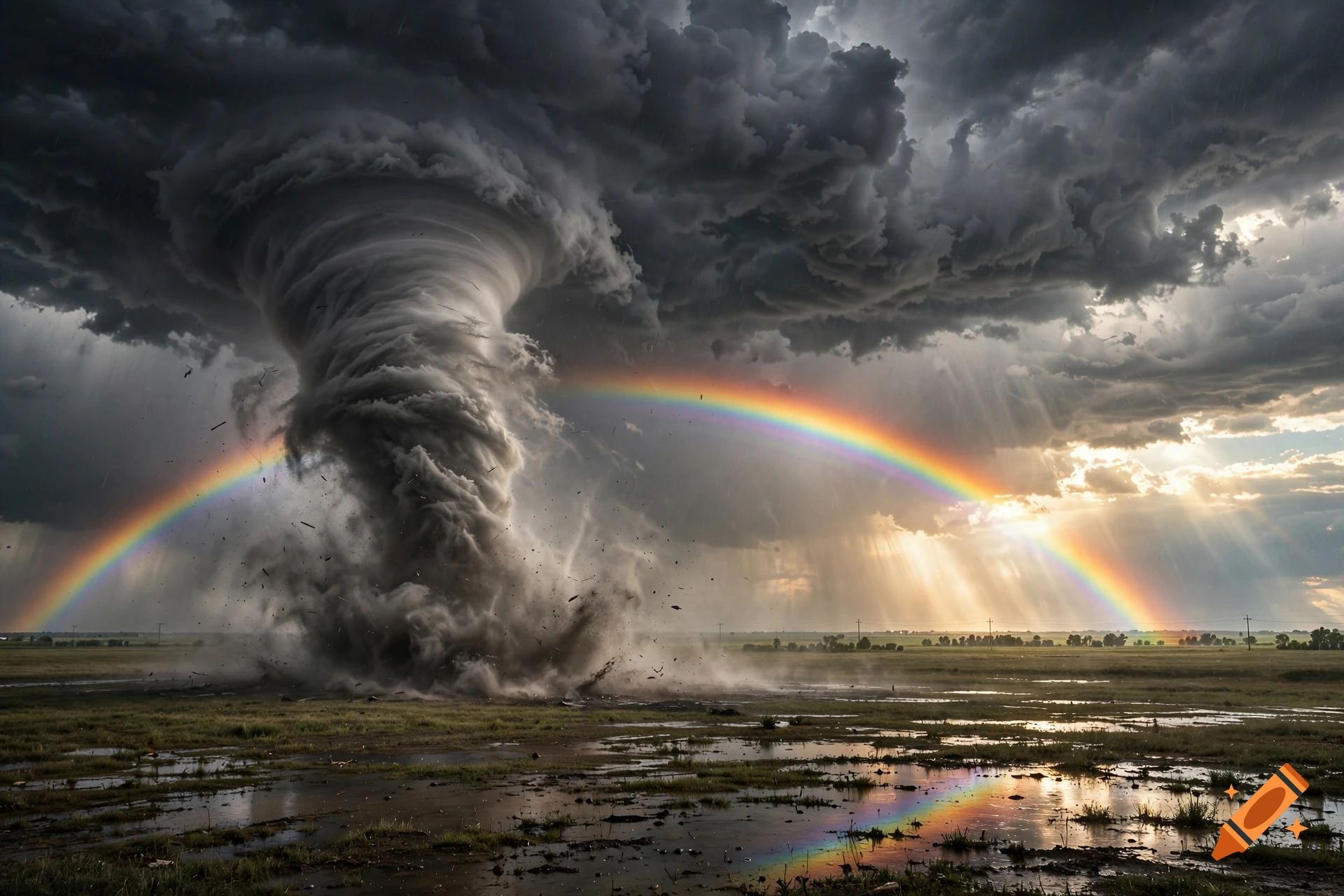 Photorealistic scene of a massive tornado touching down in a rural field with a rainbow arching across a dramatic stormy sky.