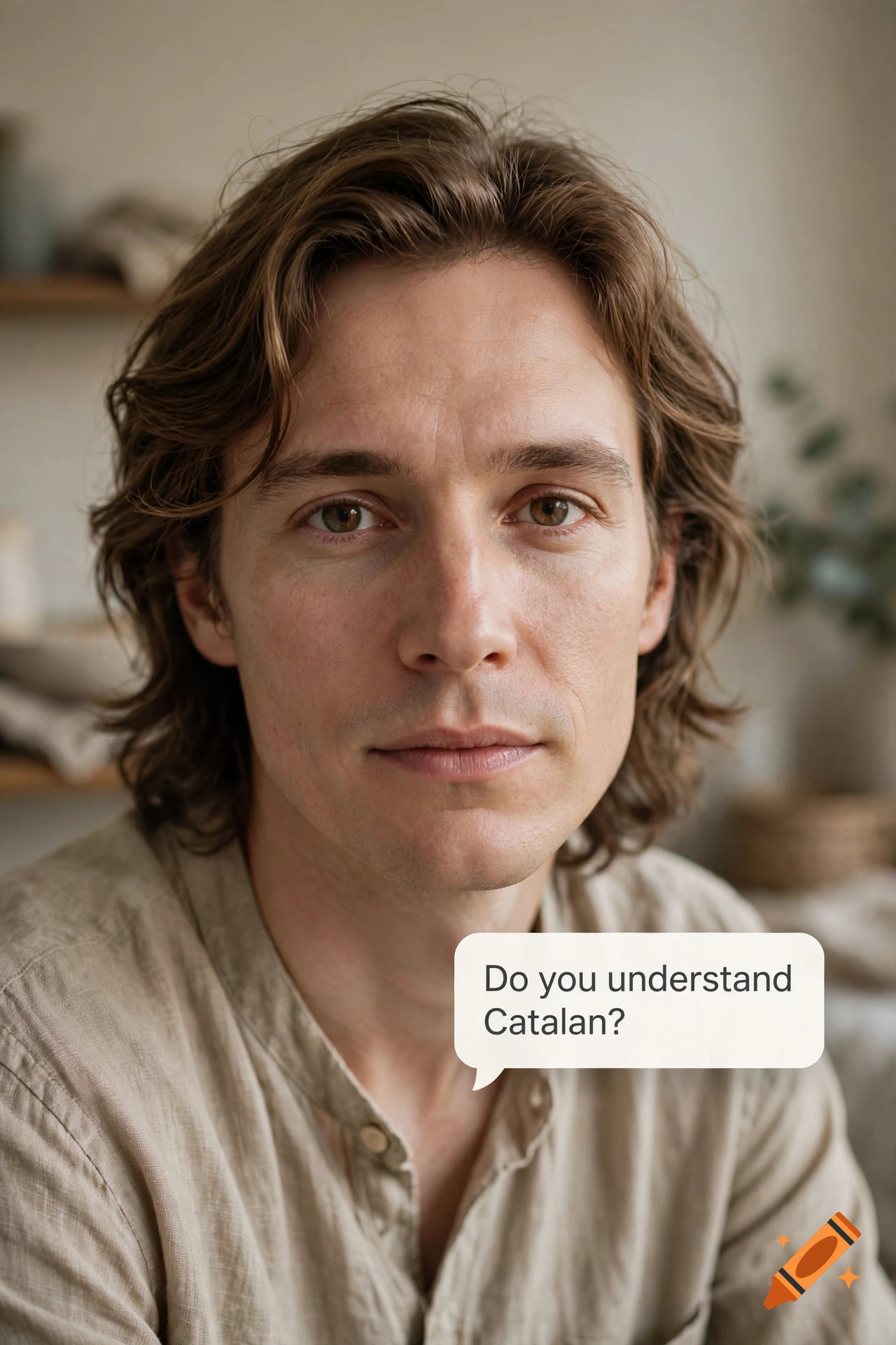 Photorealistic close-up portrait of a man with long brown hair, with a speech bubble showing the text 'Do you understand Catalan?'