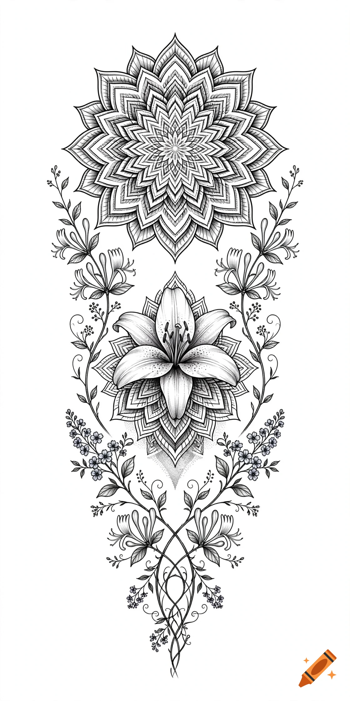 Black and white tattoo design featuring an intricate mandala at the top, a central lily flower, and trailing honeysuckle and floral vines in a vertical composition.