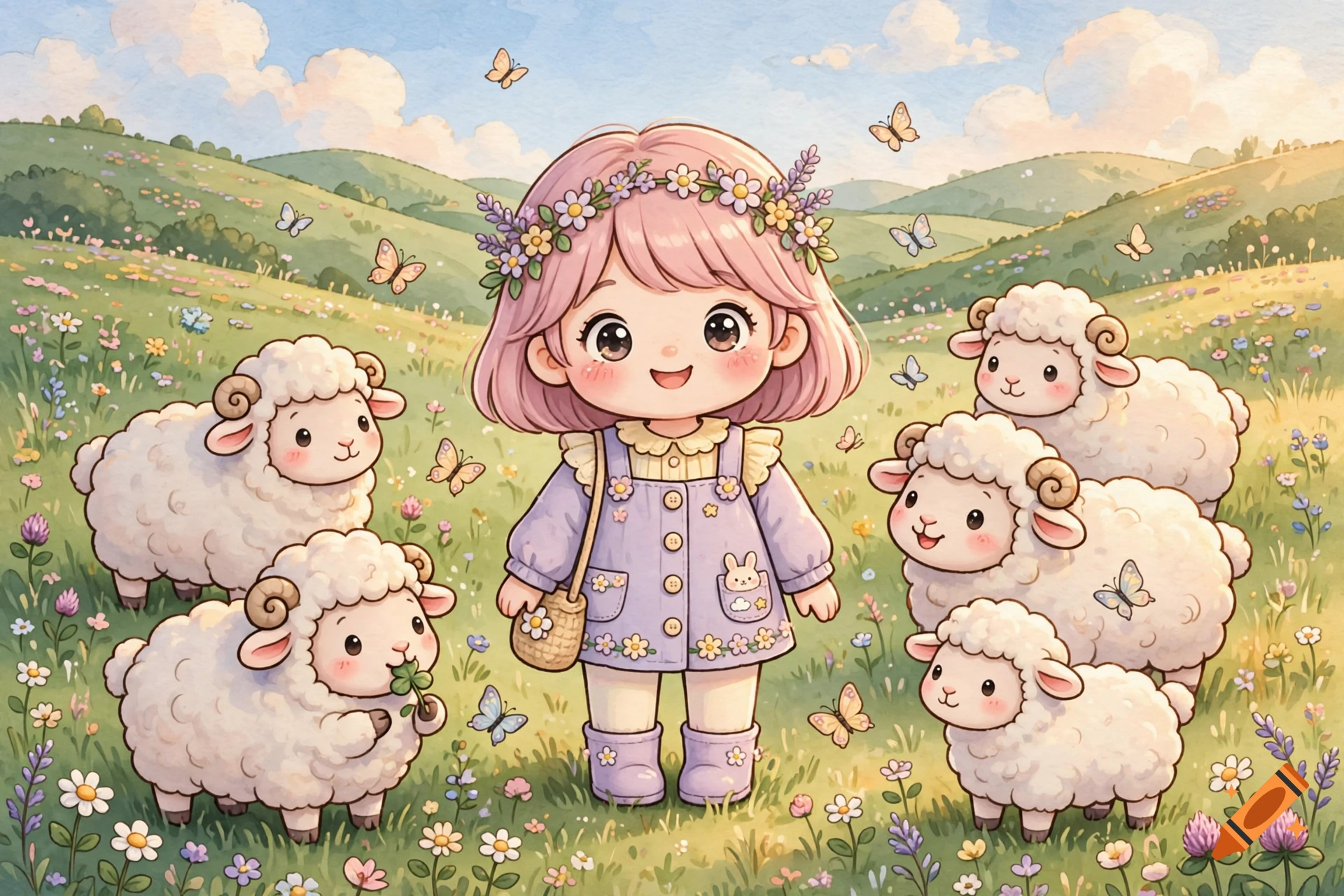 Kawaii anime-style illustration of a pink-haired girl surrounded by cute sheep in a flowery meadow with butterflies.