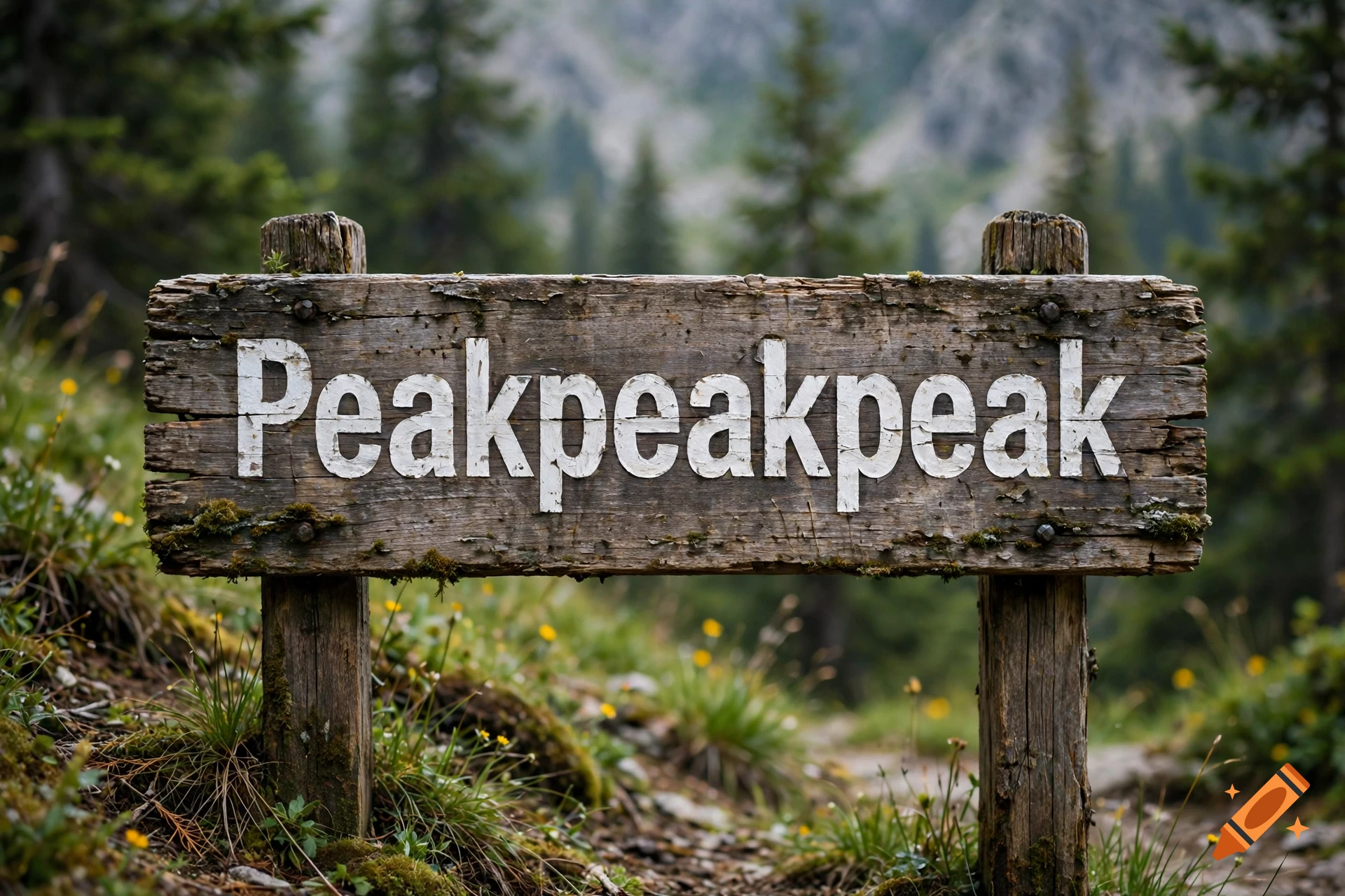 A rustic wooden trail sign with the word Peakpeakpeak written on it in white paint, set against a blurred background of green trees and mountains.