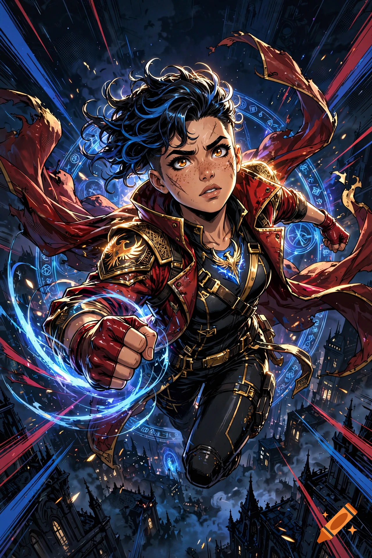 Dynamic anime-style illustration of a determined hero with dark hair and a red cape flying over a magical city.