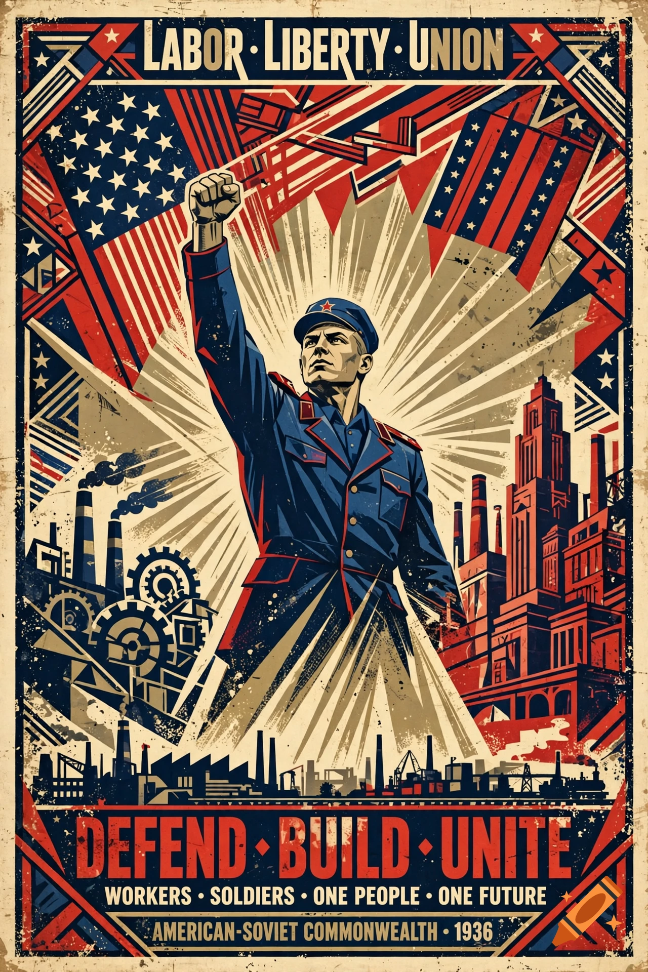 Vintage Soviet-style propaganda poster featuring a worker with a raised fist, factories, and American flags in a retro illustration style.