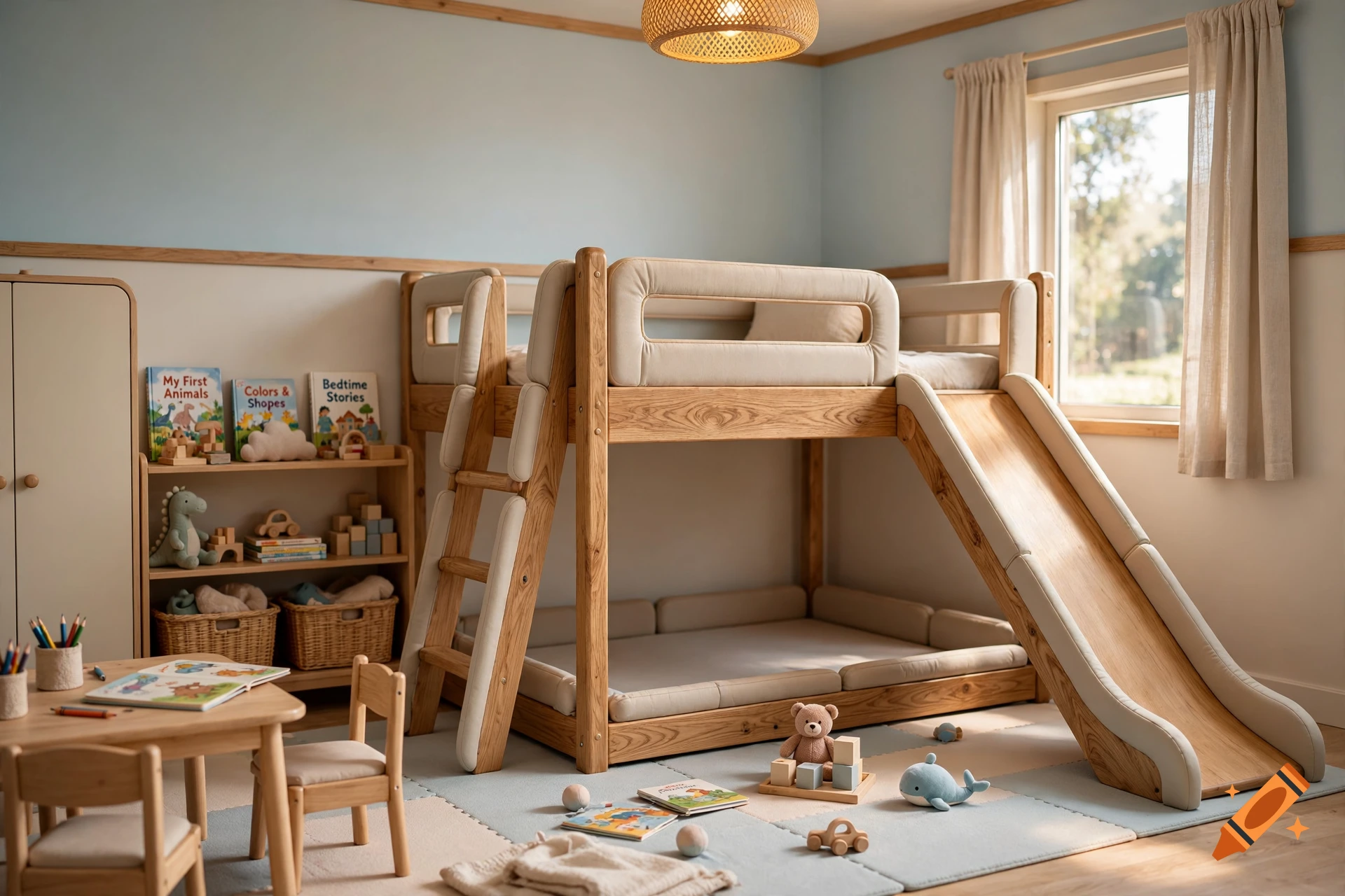 Photorealistic children's bedroom featuring a wooden loft bed with a slide, a small table, and toys on a play mat.