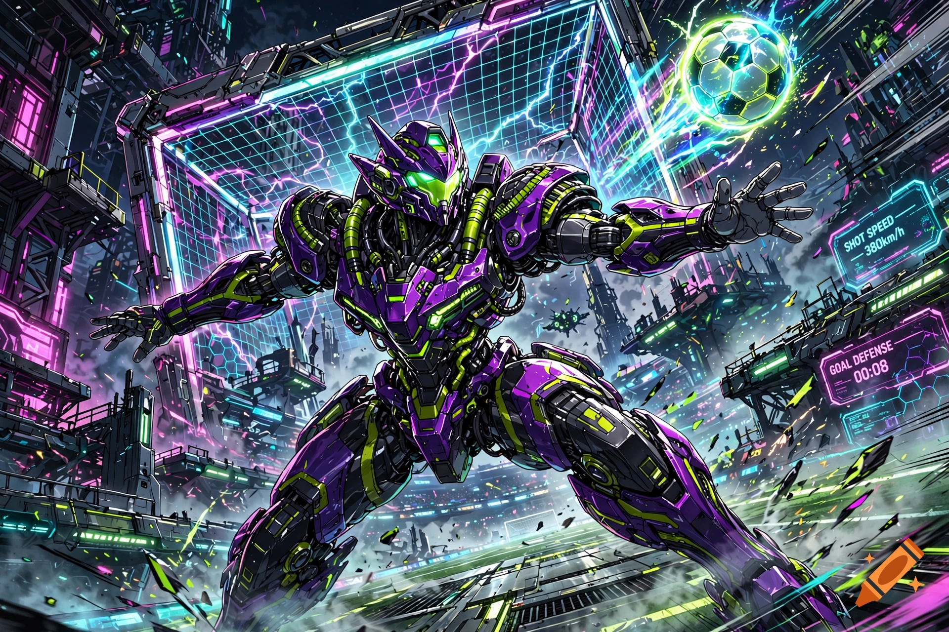An anime-style mech in purple and green armor standing in a neon-lit cybernetic stadium, catching a glowing soccer ball.