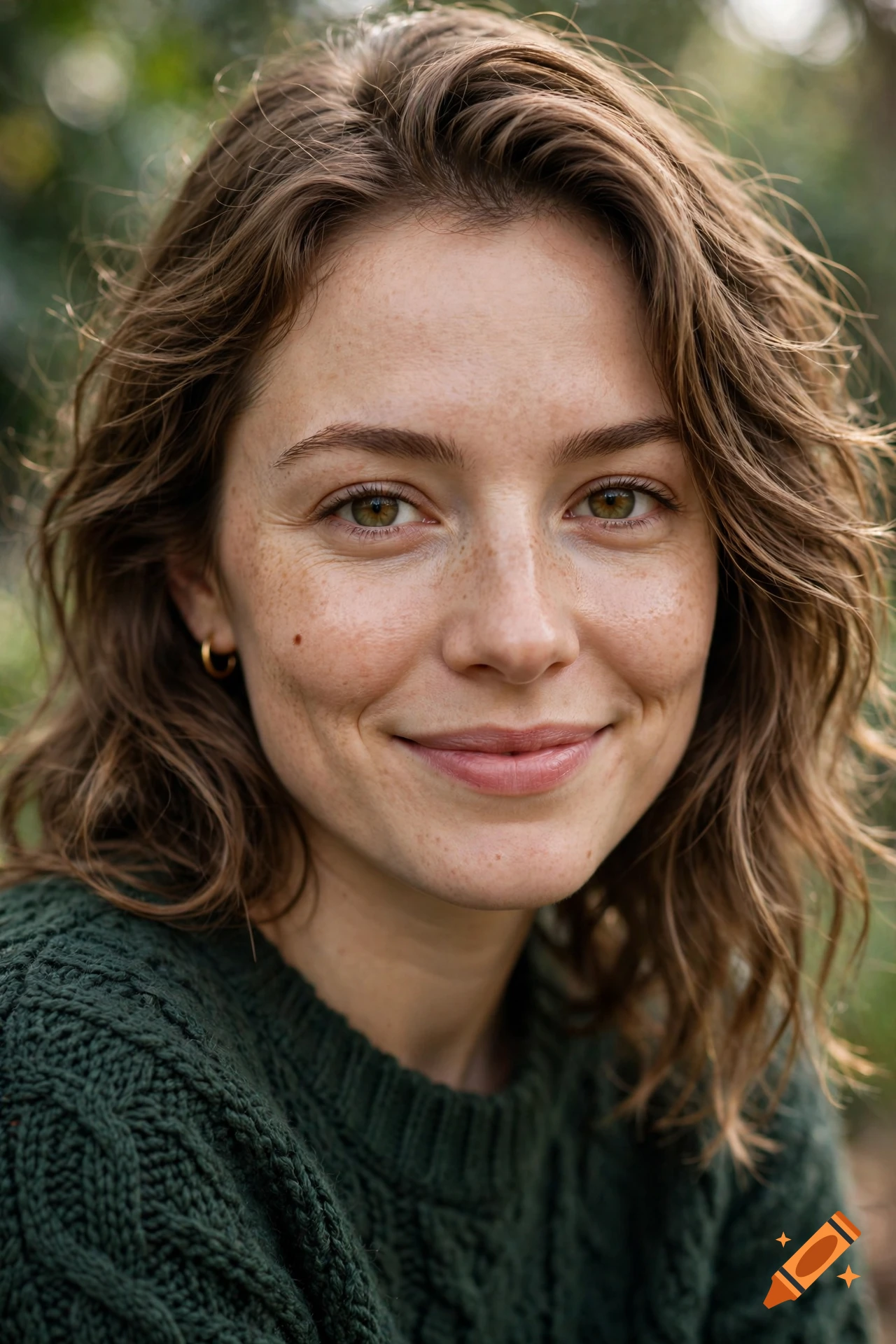Close-up photorealistic portrait of a smiling young woman with light brown curly hair and freckles.