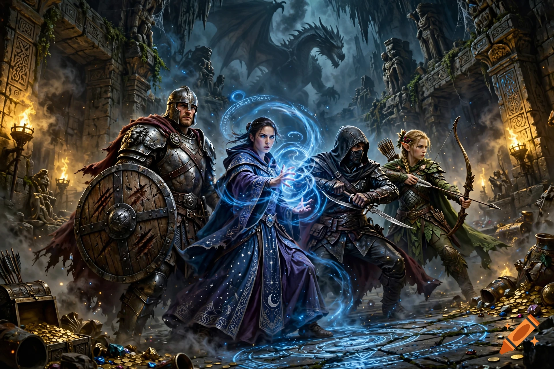 Fantasy digital illustration of an adventuring party including a knight, mage, rogue, and archer in a dungeon with a dragon overhead.