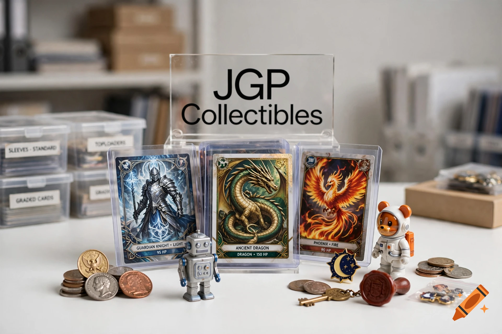 Product photo of trading cards with a JGP Collectibles sign, robot figurine, and coins on a white surface.