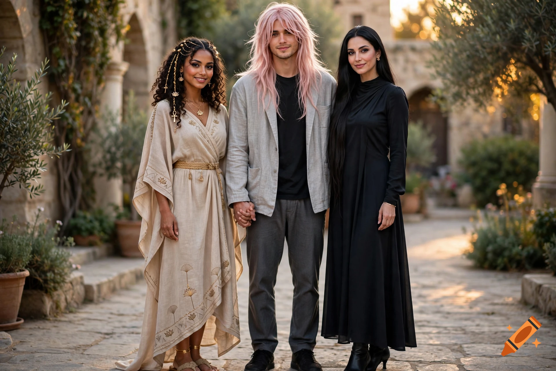 Photorealistic portrait of a woman in a beige gown holding hands with a man with pink hair and another woman in a black dress outdoors.