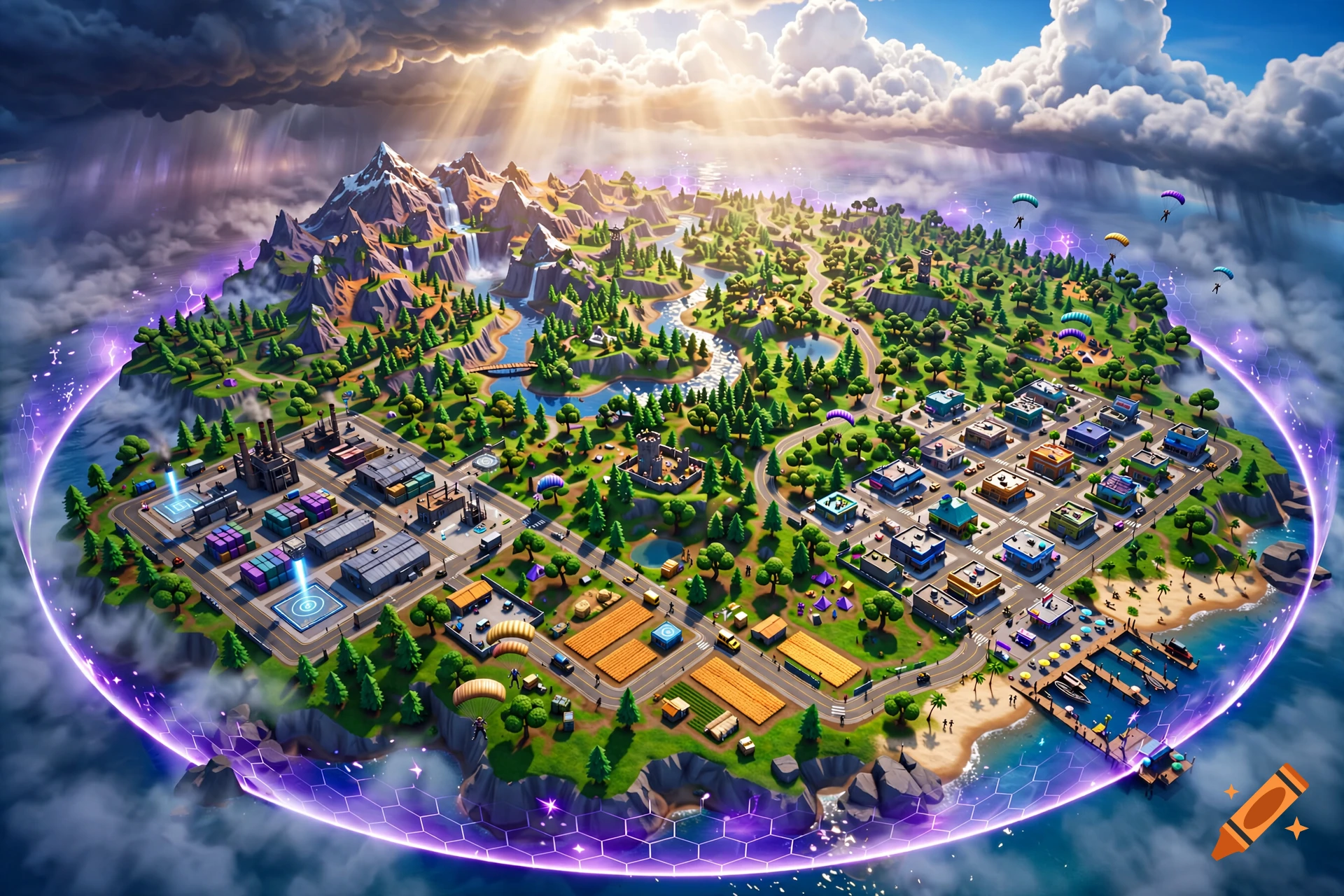 Aerial view of a floating battle royale island with a storm shield, towns, forests, and snowy mountains under a cloudy sky.