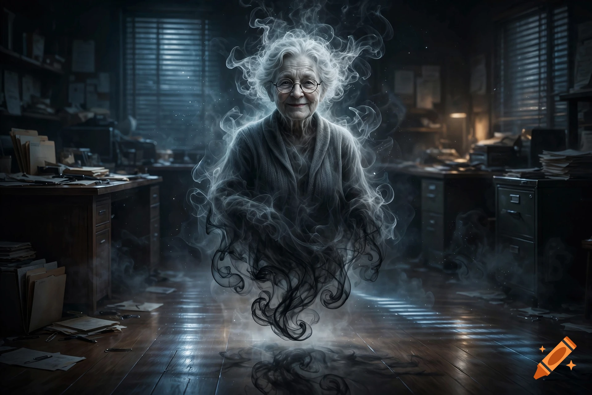 Photorealistic ghostly figure of a smiling elderly woman made of dark swirling smoke in an old office.