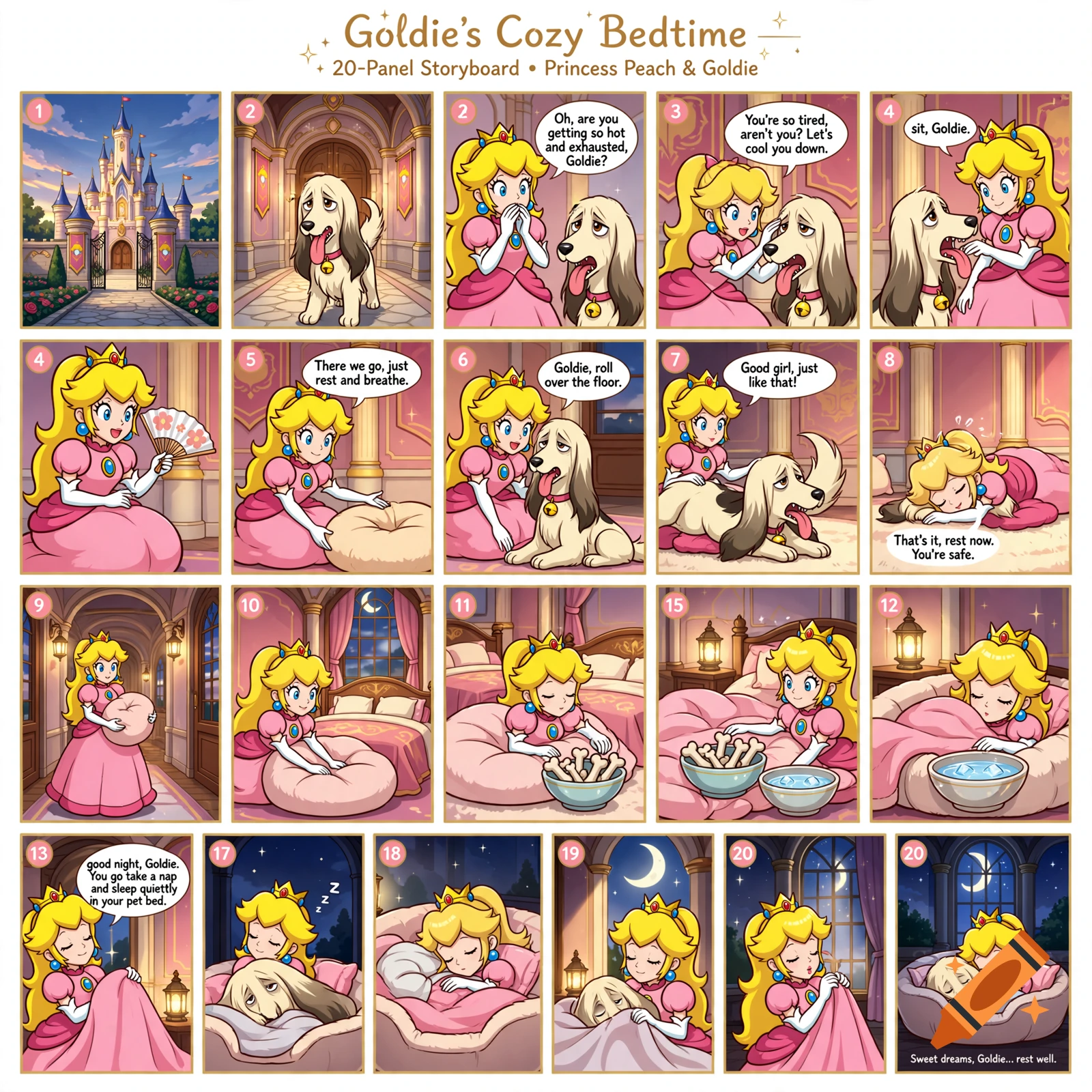 A 20-panel comic storyboard featuring Princess Peach and a tired Afghan hound named Goldie in a castle.