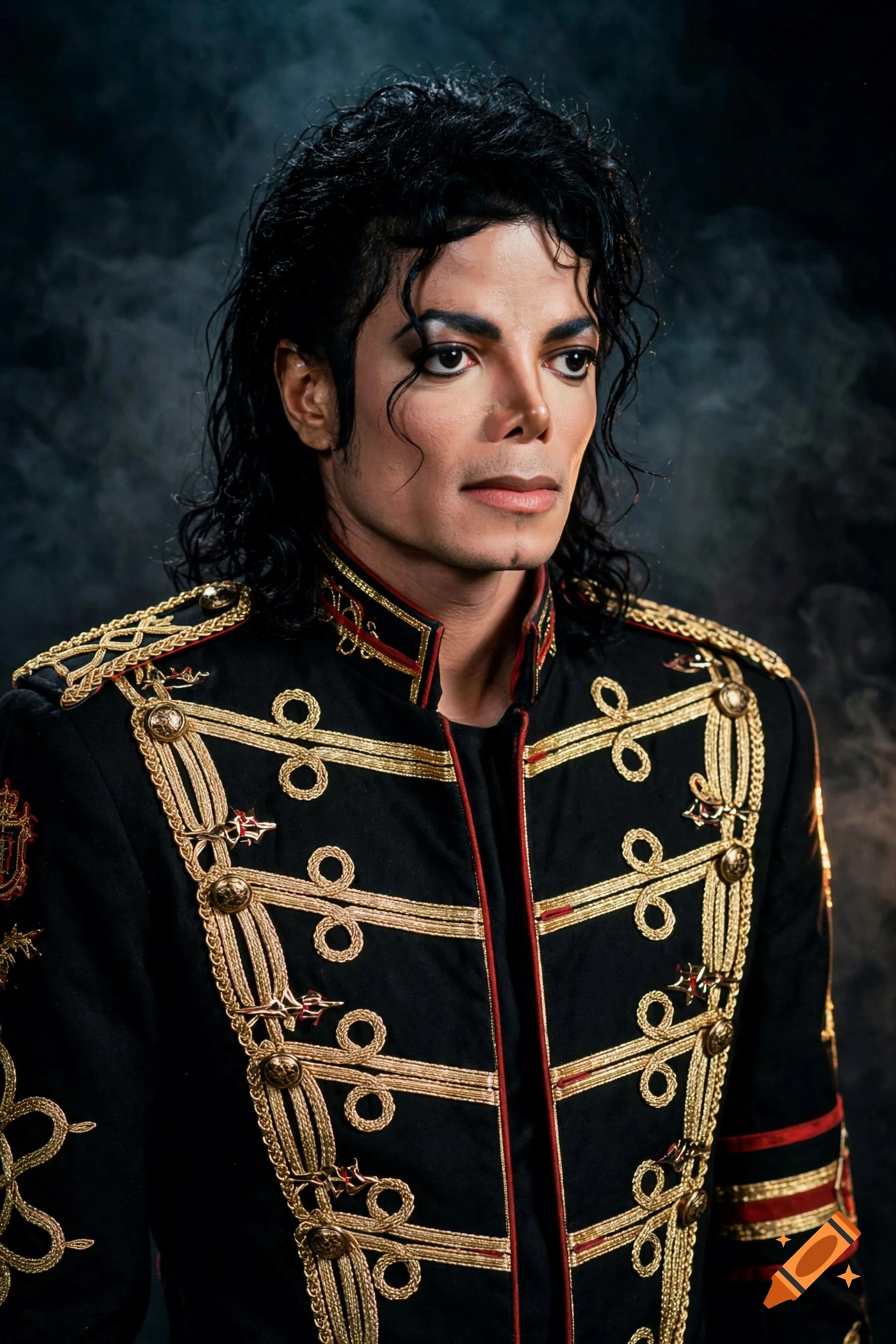 Photorealistic portrait of Michael Jackson with dark curly hair wearing an ornate black and gold military-style jacket.