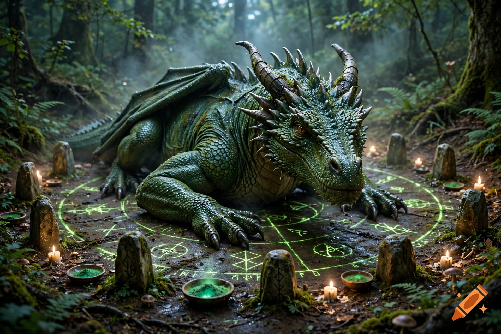 A detailed green dragon resting inside a glowing magical ritual circle in a misty forest, surrounded by candles and stones.