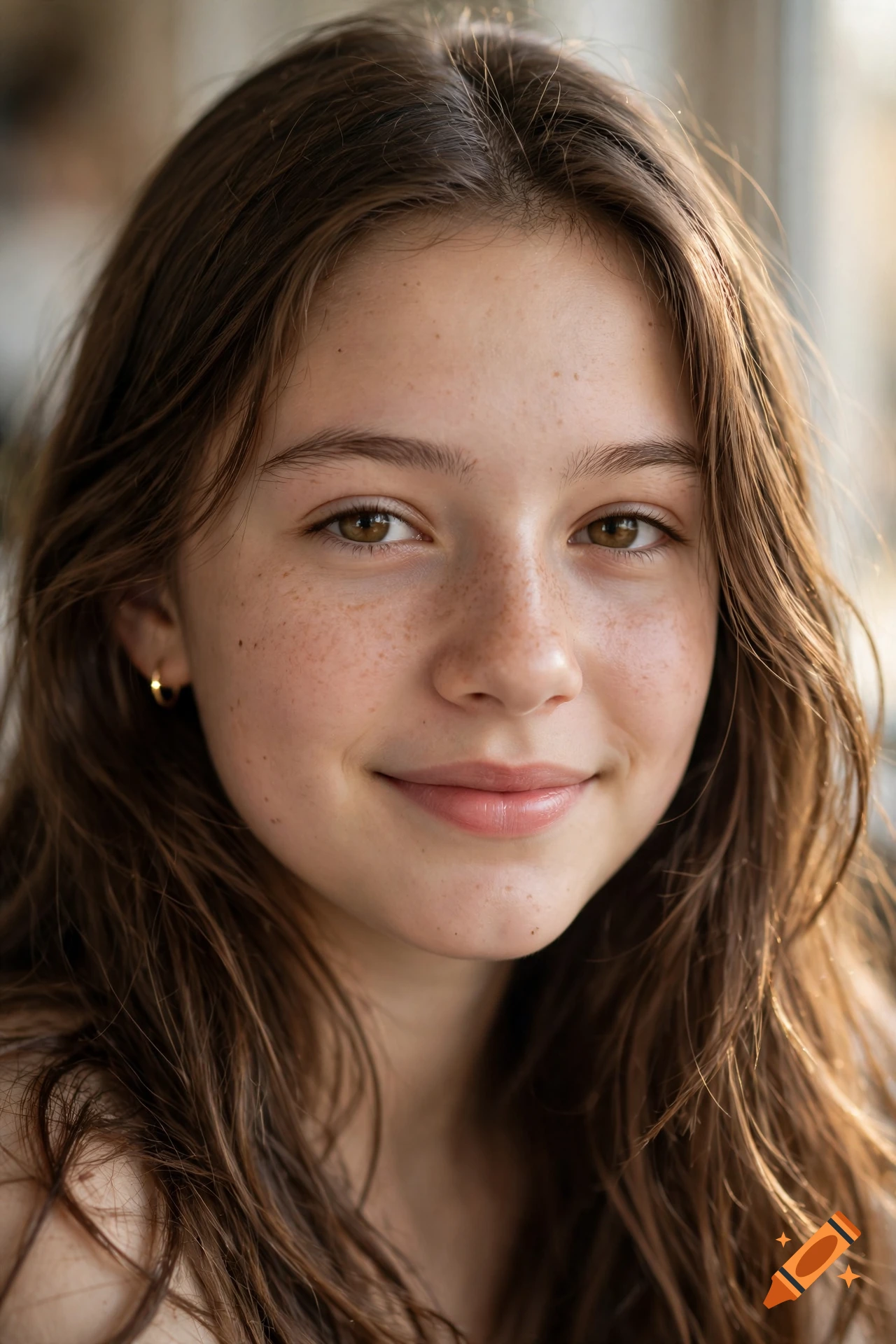 Close-up photorealistic portrait of a young smiling teenage girl with brown hair, freckles, and small gold earrings.