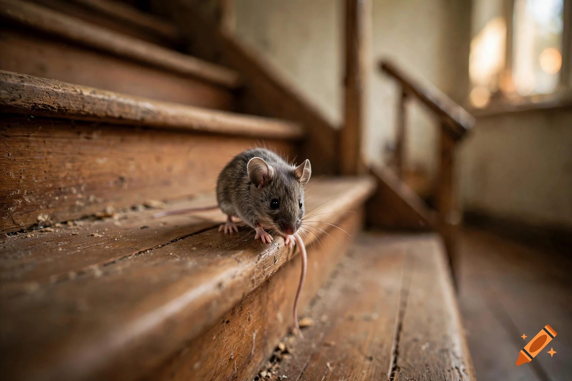 A small grey mouse descending old wooden stairs in a dimly lit room, photorealistic.