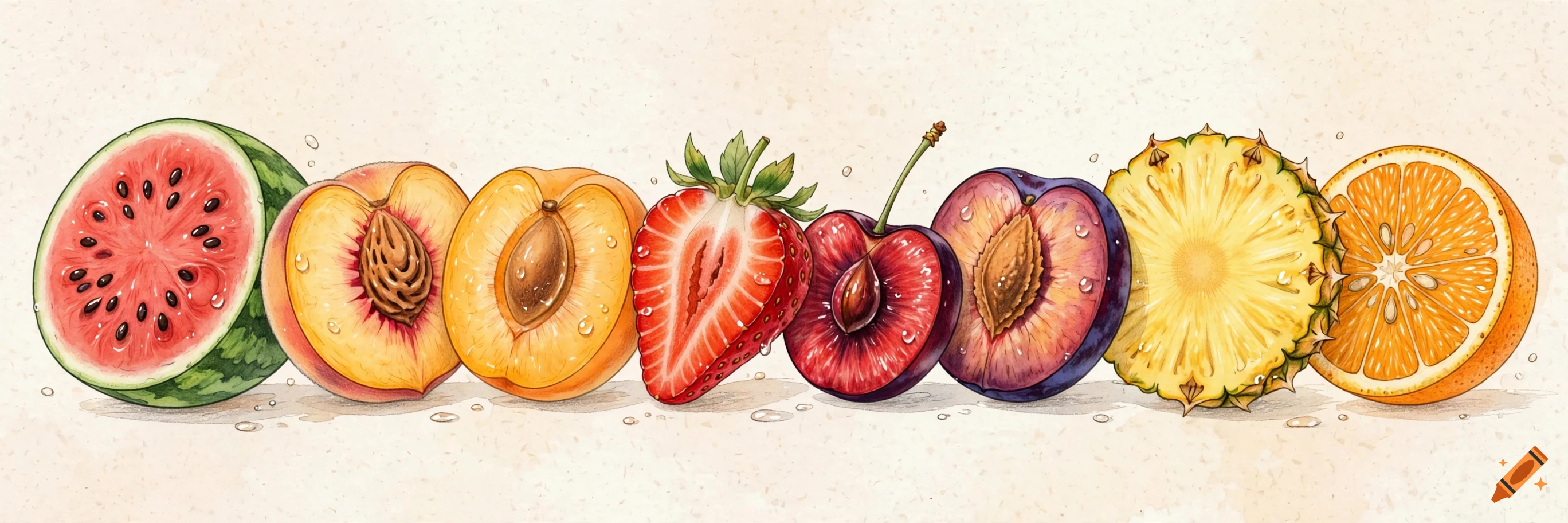 Watercolor illustration of sliced summer fruits arranged in a long horizontal row including watermelon, peach, strawberry, and orange.