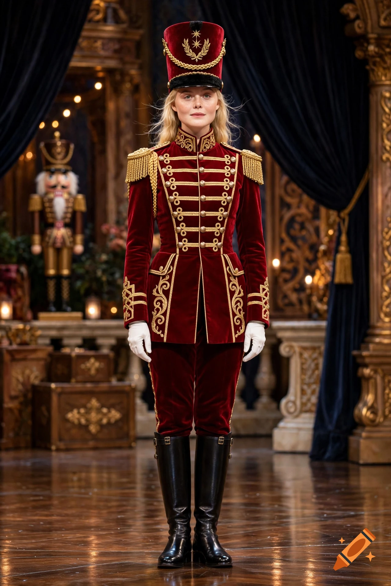 Photorealistic full-body portrait of a woman resembling Elle Fanning dressed as a nutcracker in a red velvet military uniform.