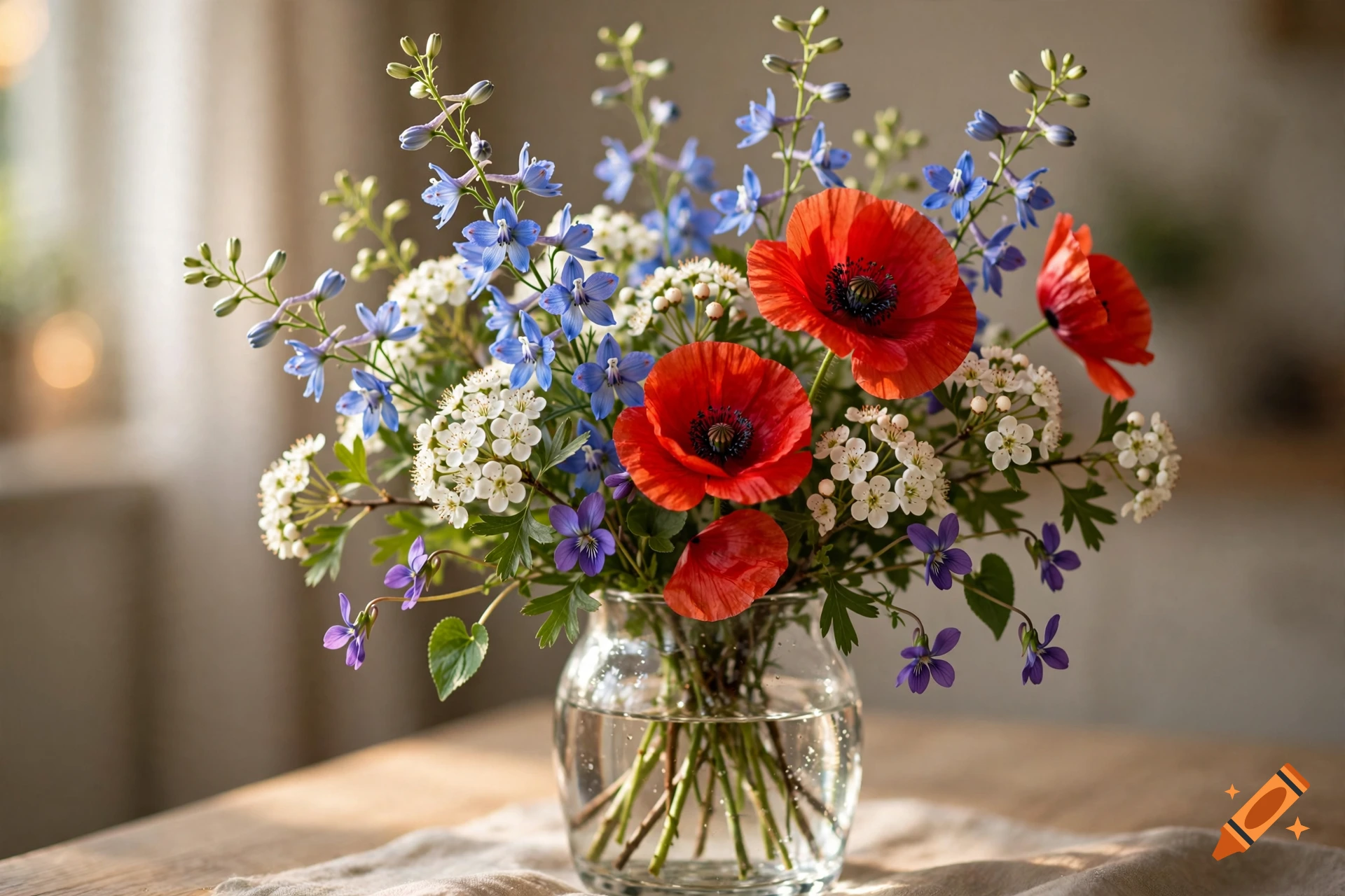 A photorealistic glass vase filled with a bouquet of red poppies, blue larkspur, white hawthorn, and purple violets on a wooden table.