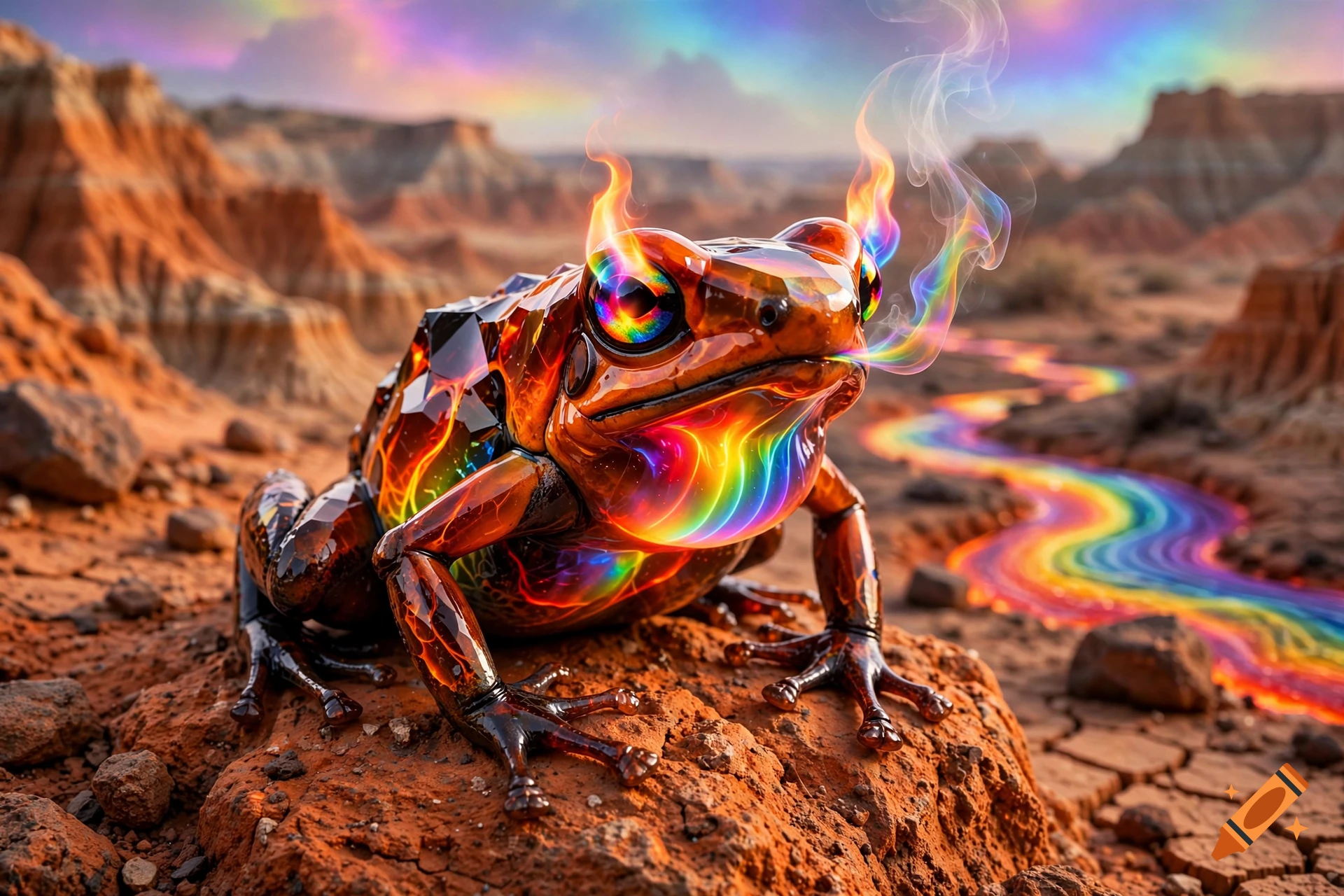 Close-up photorealistic image of a poison dart frog made of orange obsidian and rainbow lava, with flames and mist, sitting in badlands.