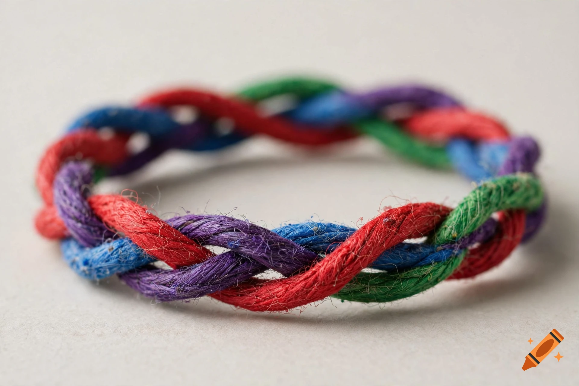Photorealistic close-up of a braided multi-colored friendship bracelet with red, purple, blue, and green threads on a neutral surface.