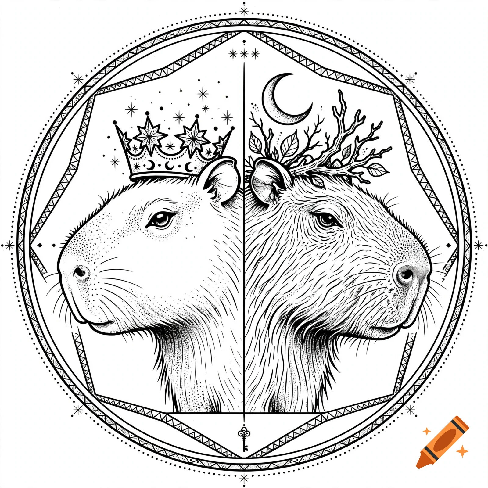 Black and white tattoo design of a split mystical capybara with a crown and moon, fine-line art.