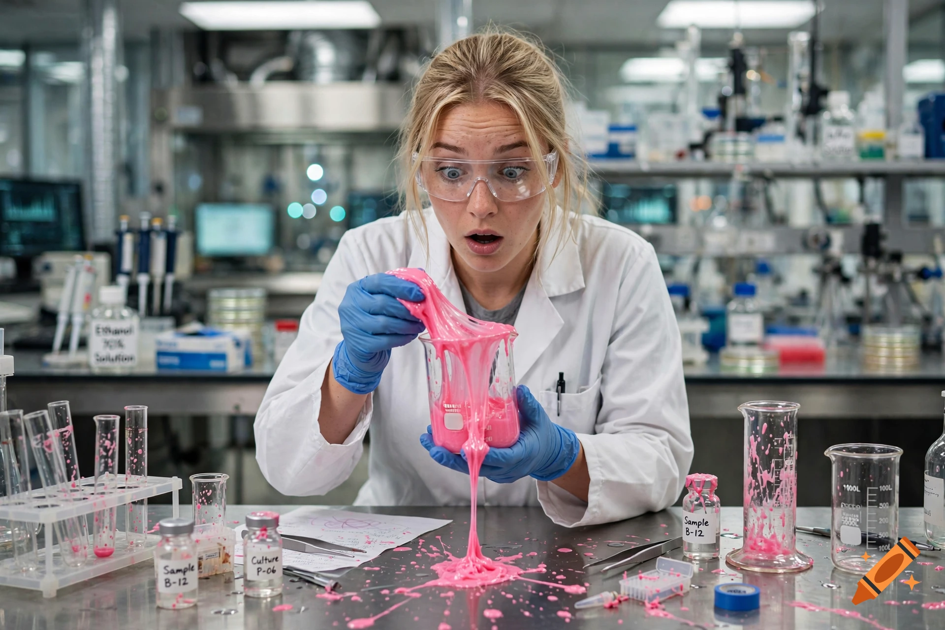 Photorealistic image of a shocked blonde female scientist in a lab holding a beaker with overflowing pink slime.