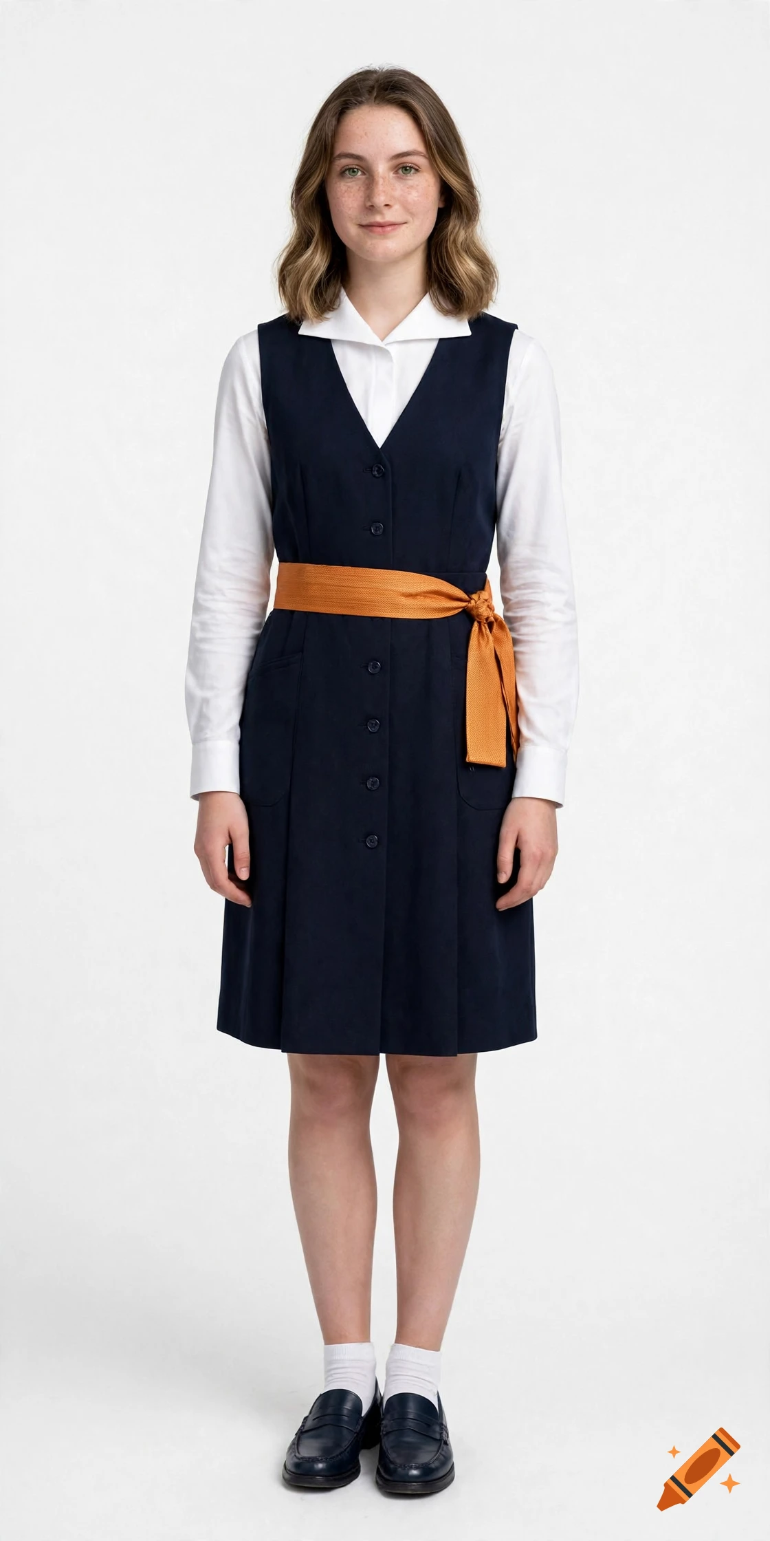 Photorealistic full-body portrait of a young female student wearing a navy blue dress uniform with an orange sash and loafers.