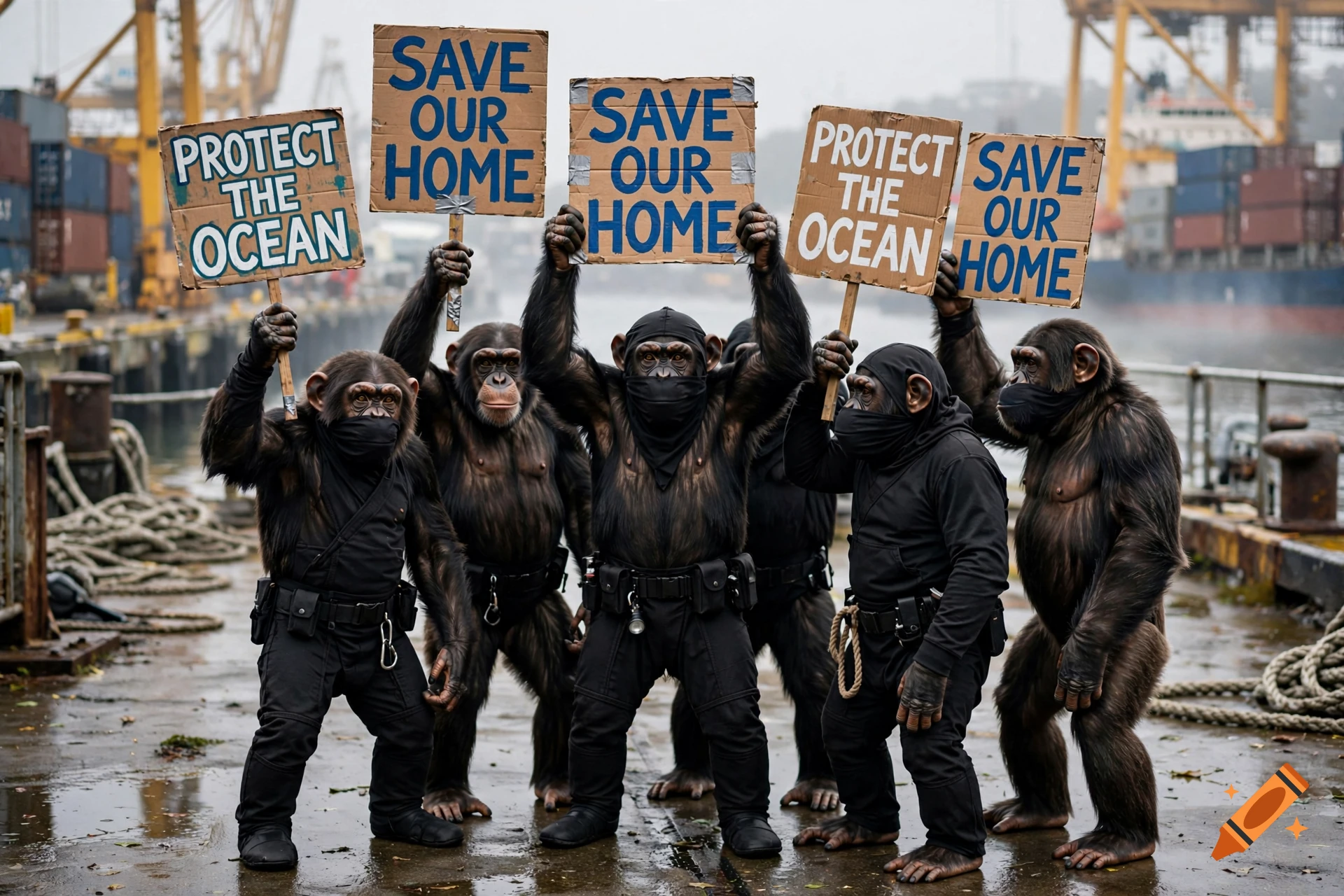Photorealistic image of multiple apes dressed in black ninja outfits holding up cardboard protest signs in a harbor.