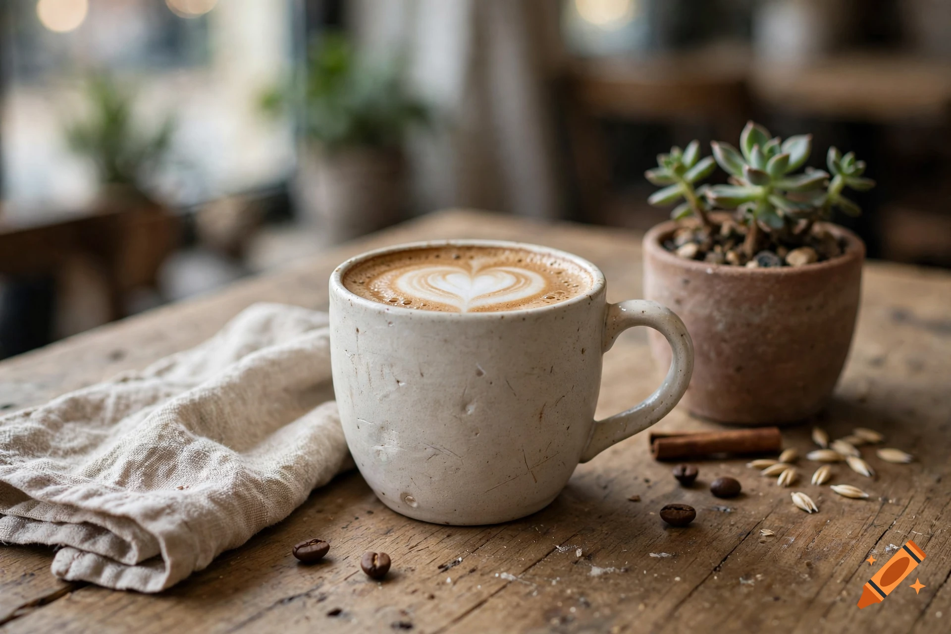 A ceramic mug of latte with heart-shaped latte art on a rustic wooden table next to a small potted succulent, a napkin, and coffee beans.