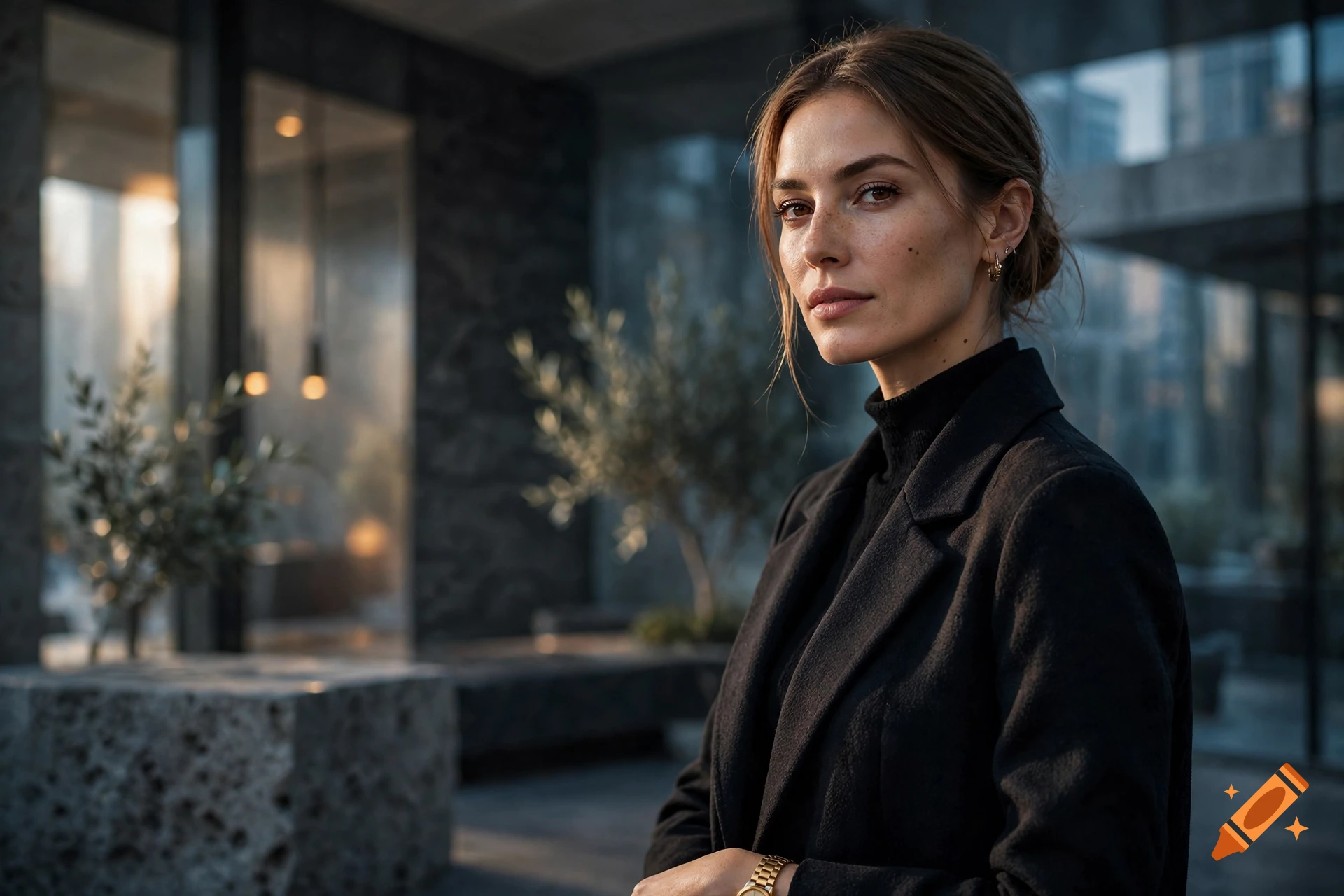 Portrait of a woman with dark hair in a black coat standing outdoors near a modern building.