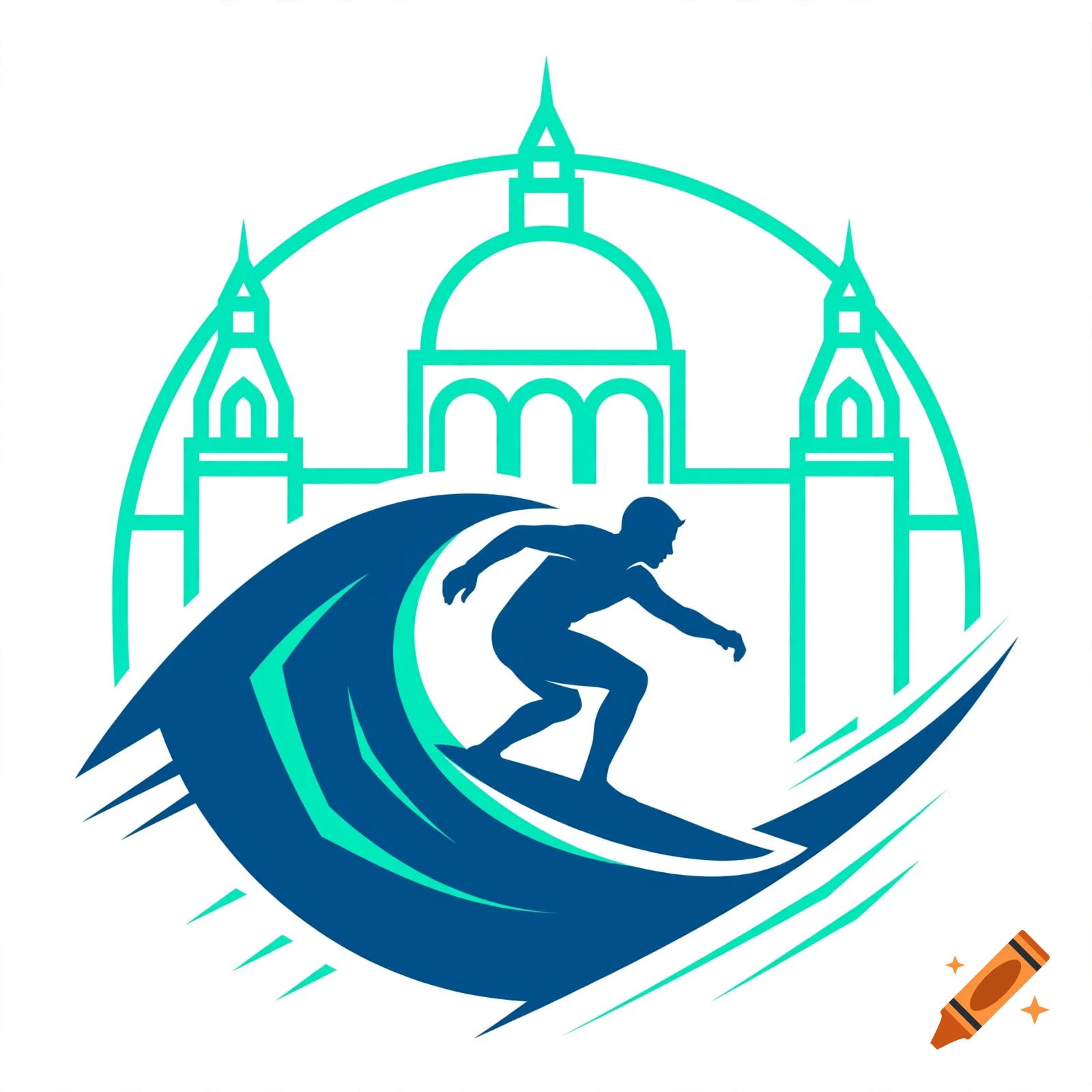 Minimalist vector logo of a surfer on a wave with historic architecture in the background, in blue and teal.