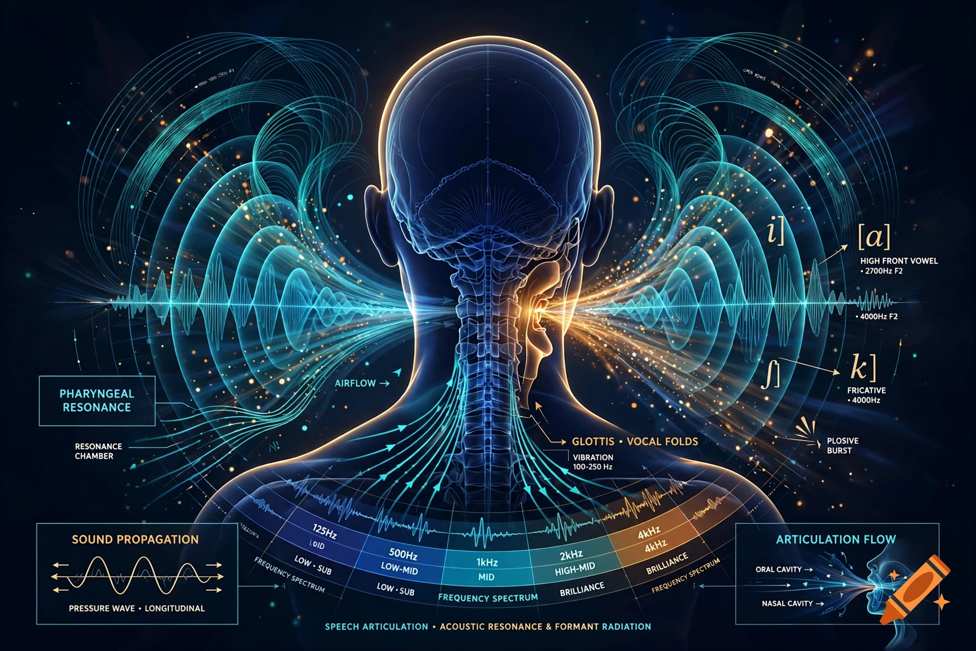 Anatomical infographic diagram illustrating speech articulation, vocal folds, and frequency spectrums in a glowing digital style.