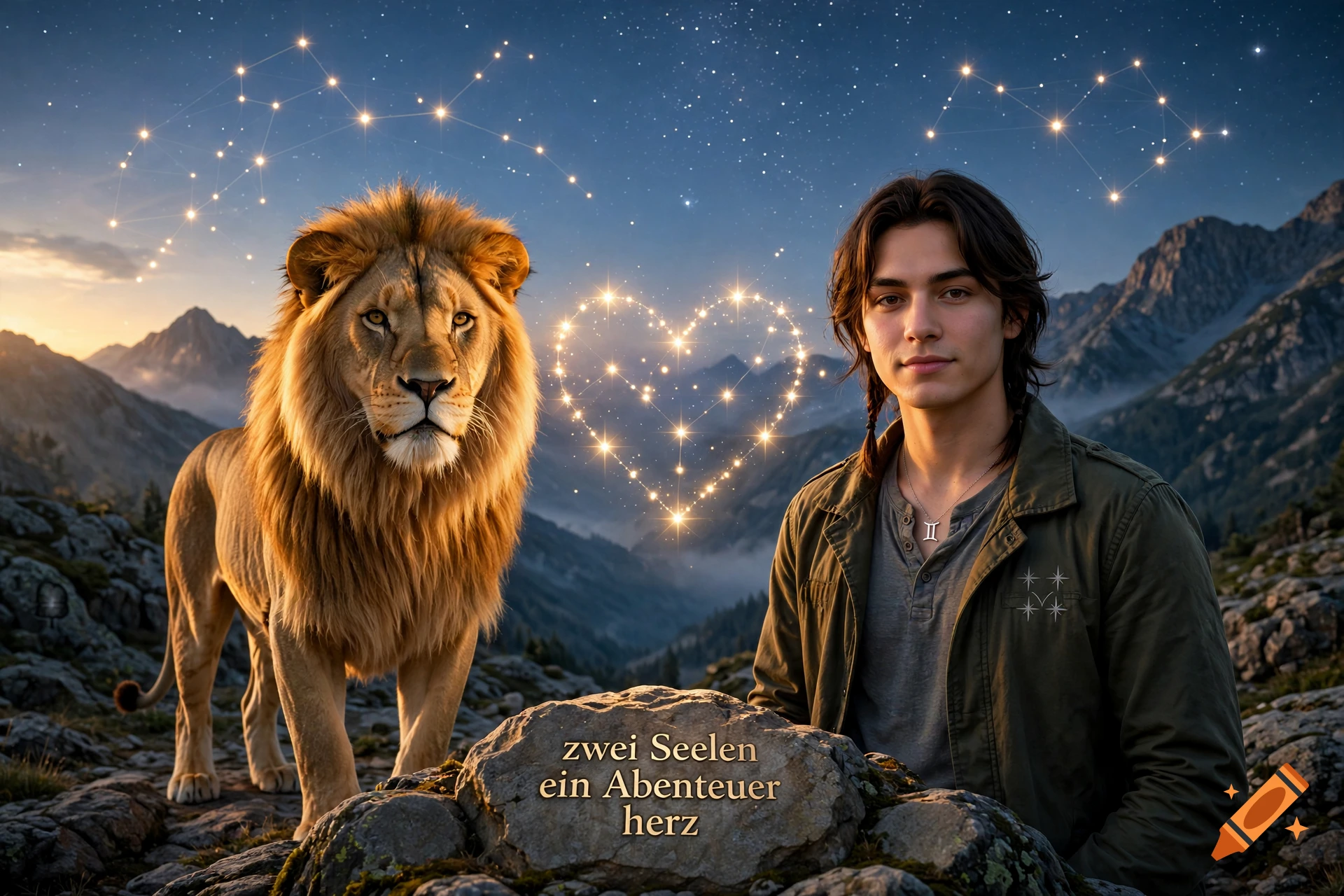 Photorealistic image of a man and a lion standing together in a mountainous landscape under a starry night sky with a glowing heart constellation.