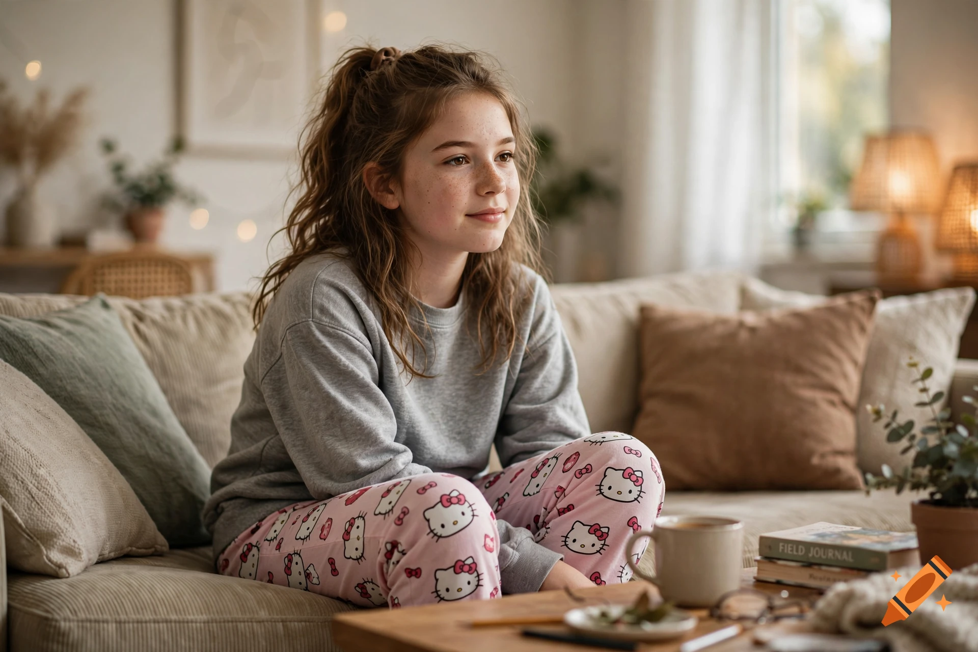 Photorealistic image of a young girl sitting on a beige couch in a cozy living room, wearing Hello Kitty pajama pants.
