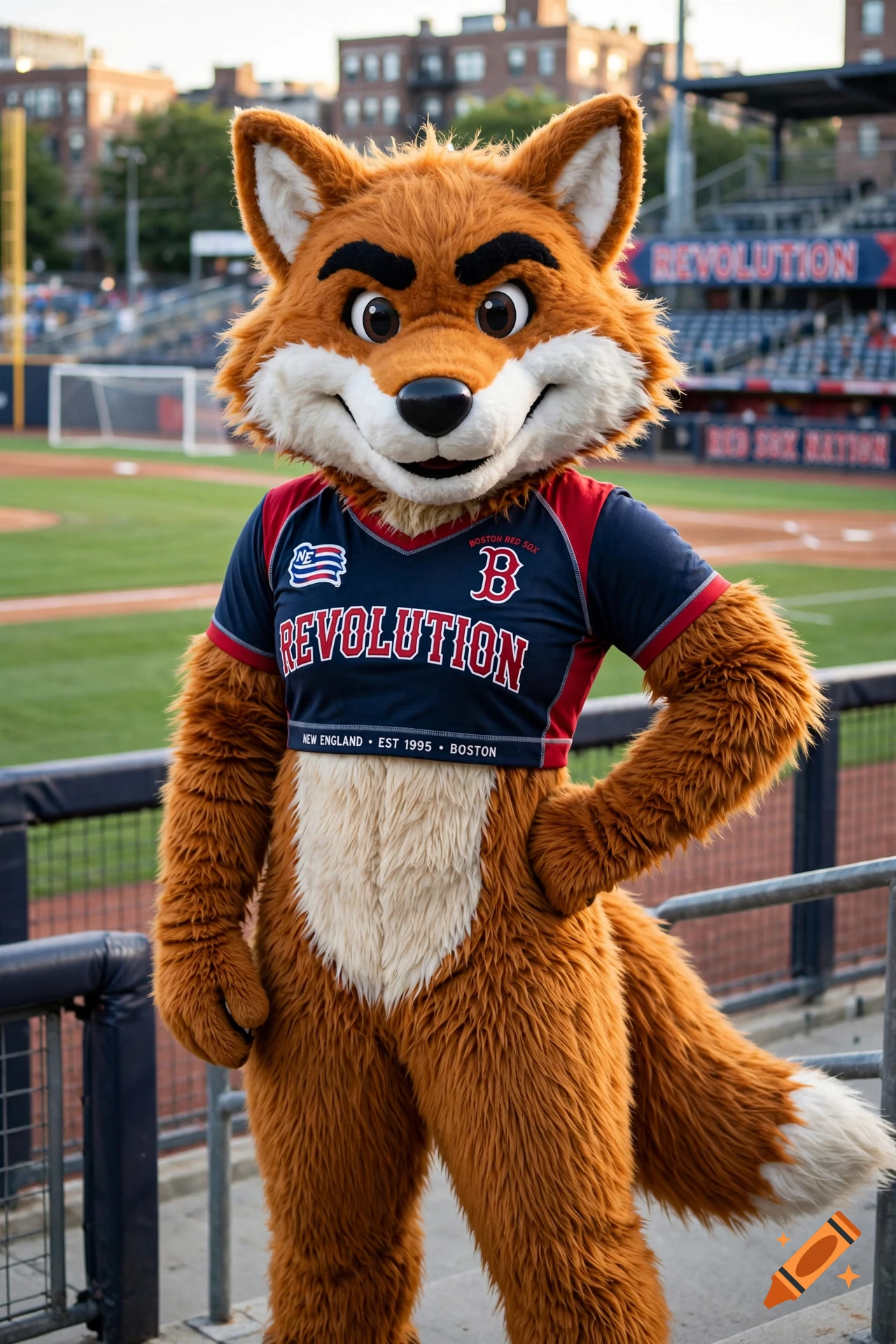 Photorealistic image of Slyde the Fox mascot wearing a New England Revolution jersey at a baseball stadium.