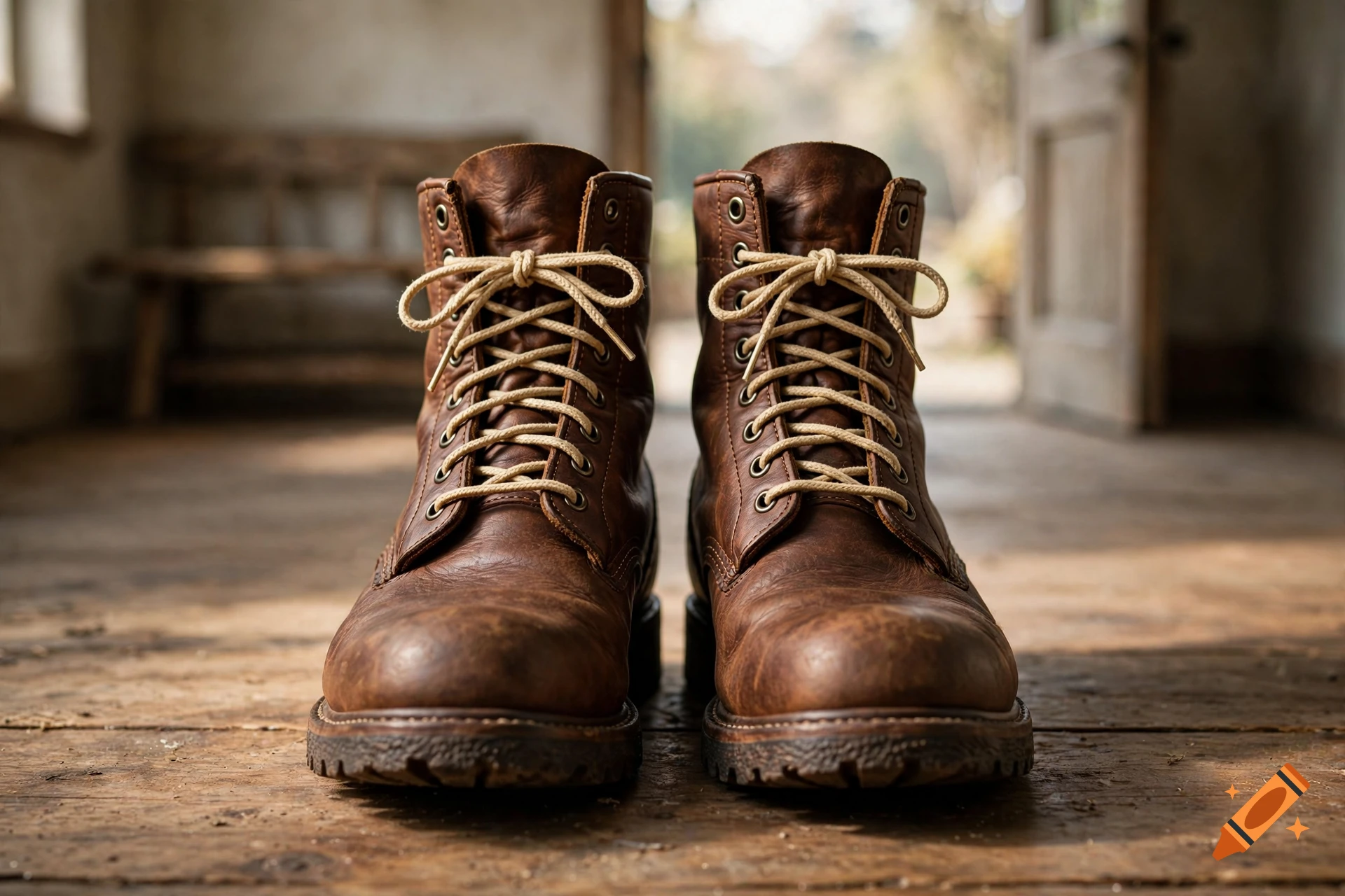 Photorealistic close-up of brown leather work boots with beige laces, placed on a wooden floor in a rustic room.