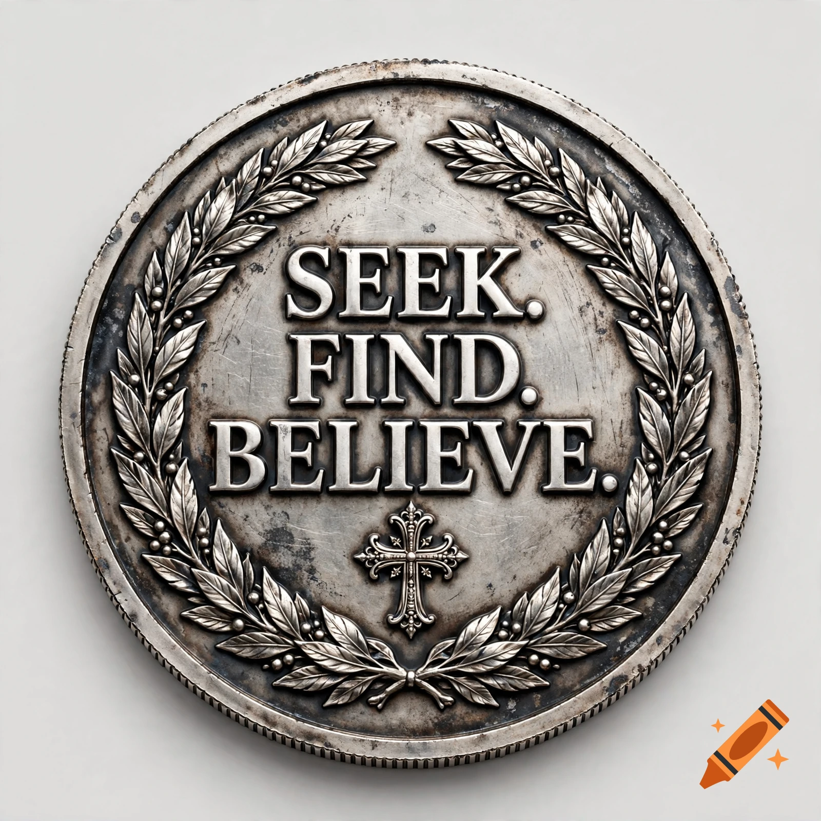 An antiqued silver challenge coin featuring a laurel wreath and the text SEEK. FIND. BELIEVE. with a cross.