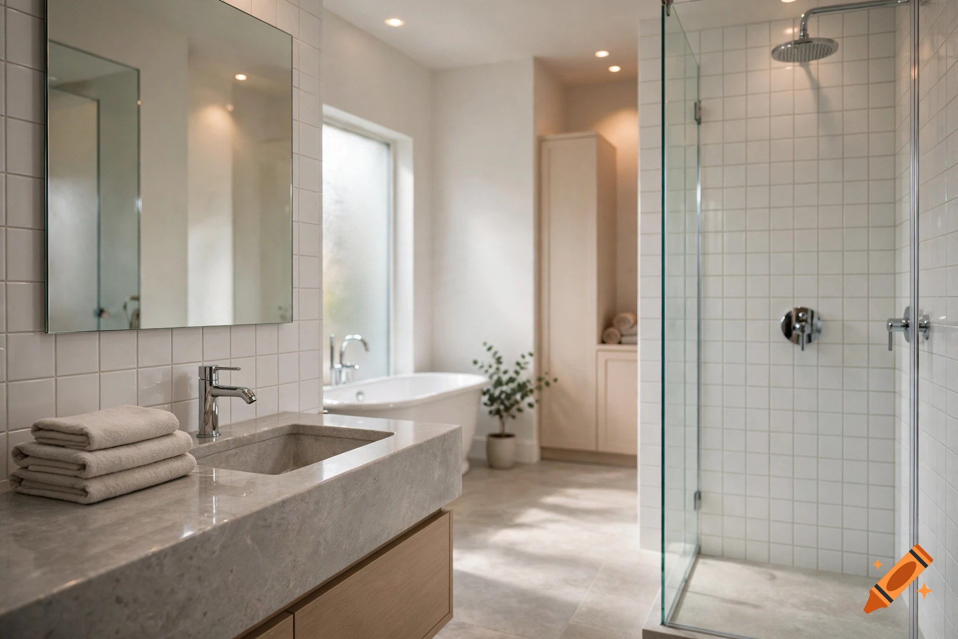 Photorealistic interior view of a modern bathroom with white tiled walls, a marble sink vanity, a large mirror, and a glass-enclosed shower.