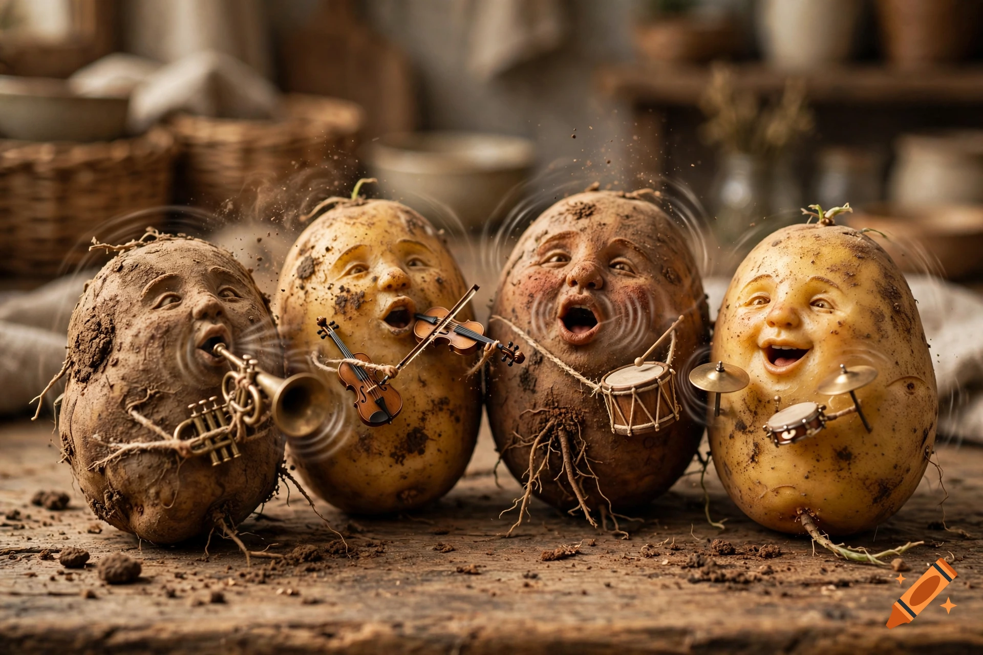 Four anthropomorphic potatoes with carved faces playing miniature musical instruments in a rustic kitchen.