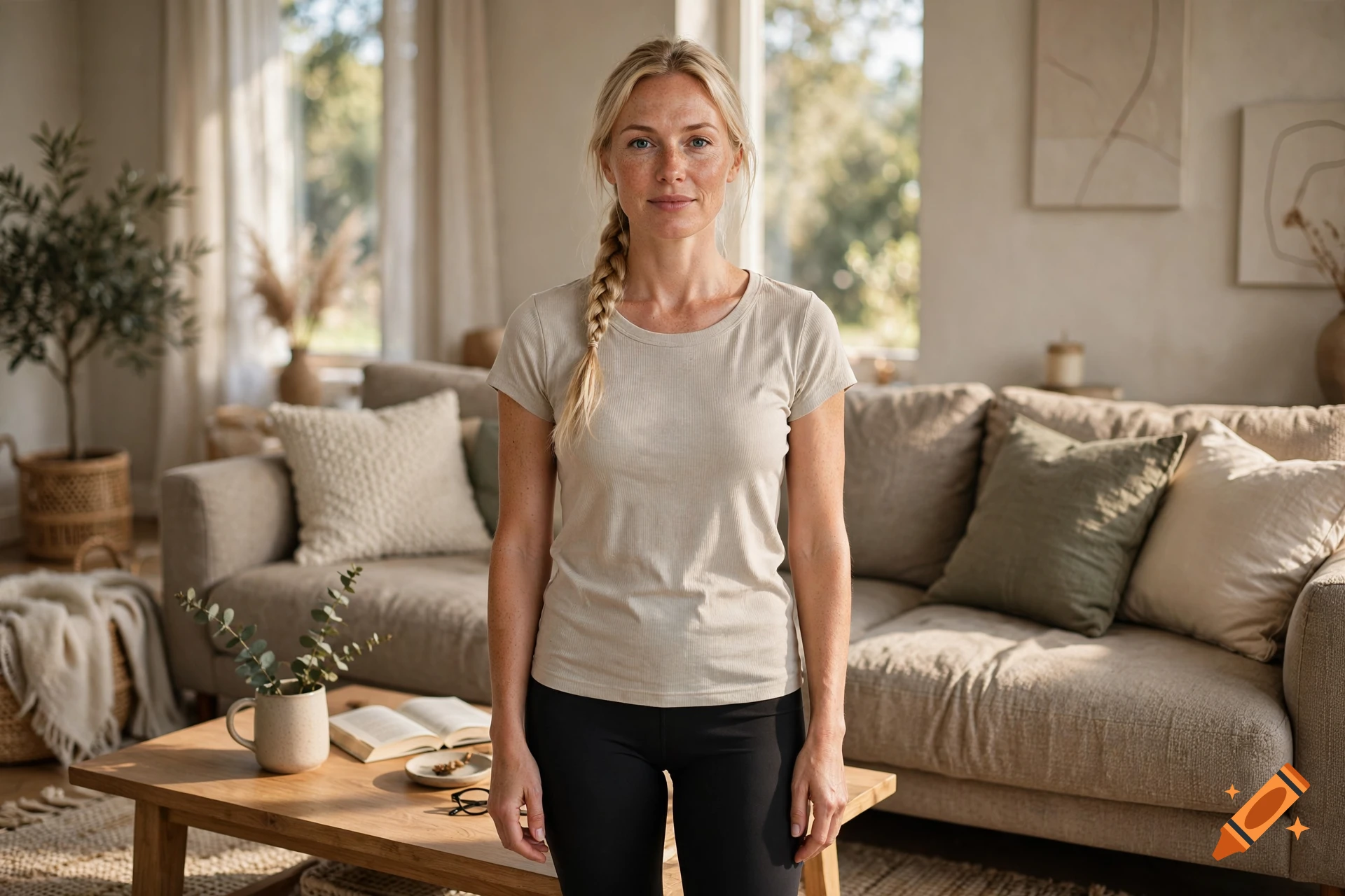 Photorealistic portrait of a blonde woman with a braid in a living room standing in front of a sofa.