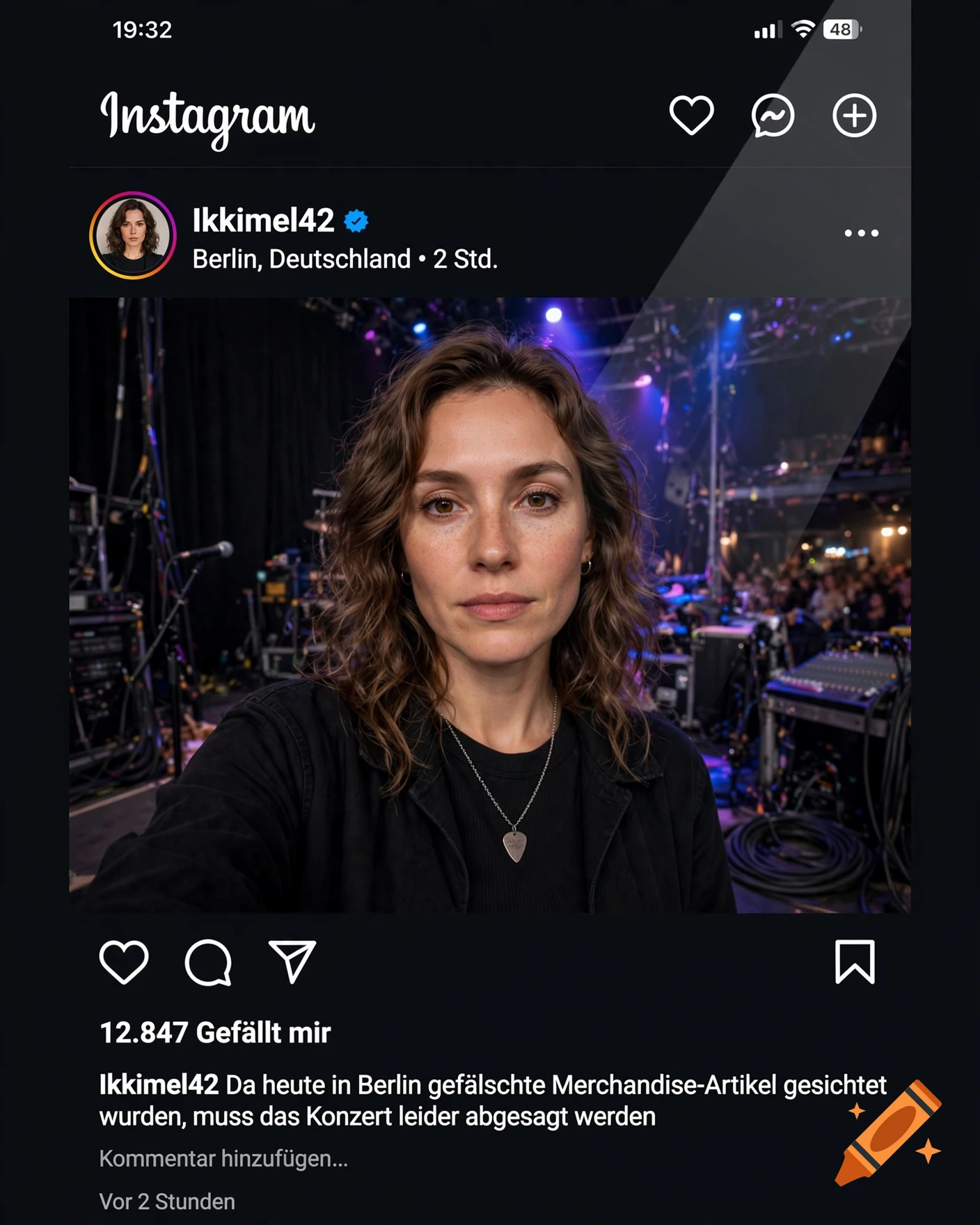 Screenshot of an Instagram post featuring a portrait of a woman with curly hair at a concert venue.