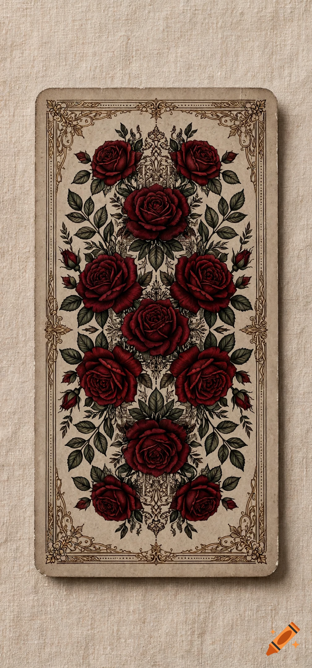 Vintage tarot card back design featuring dark red roses and intricate golden botanical borders.